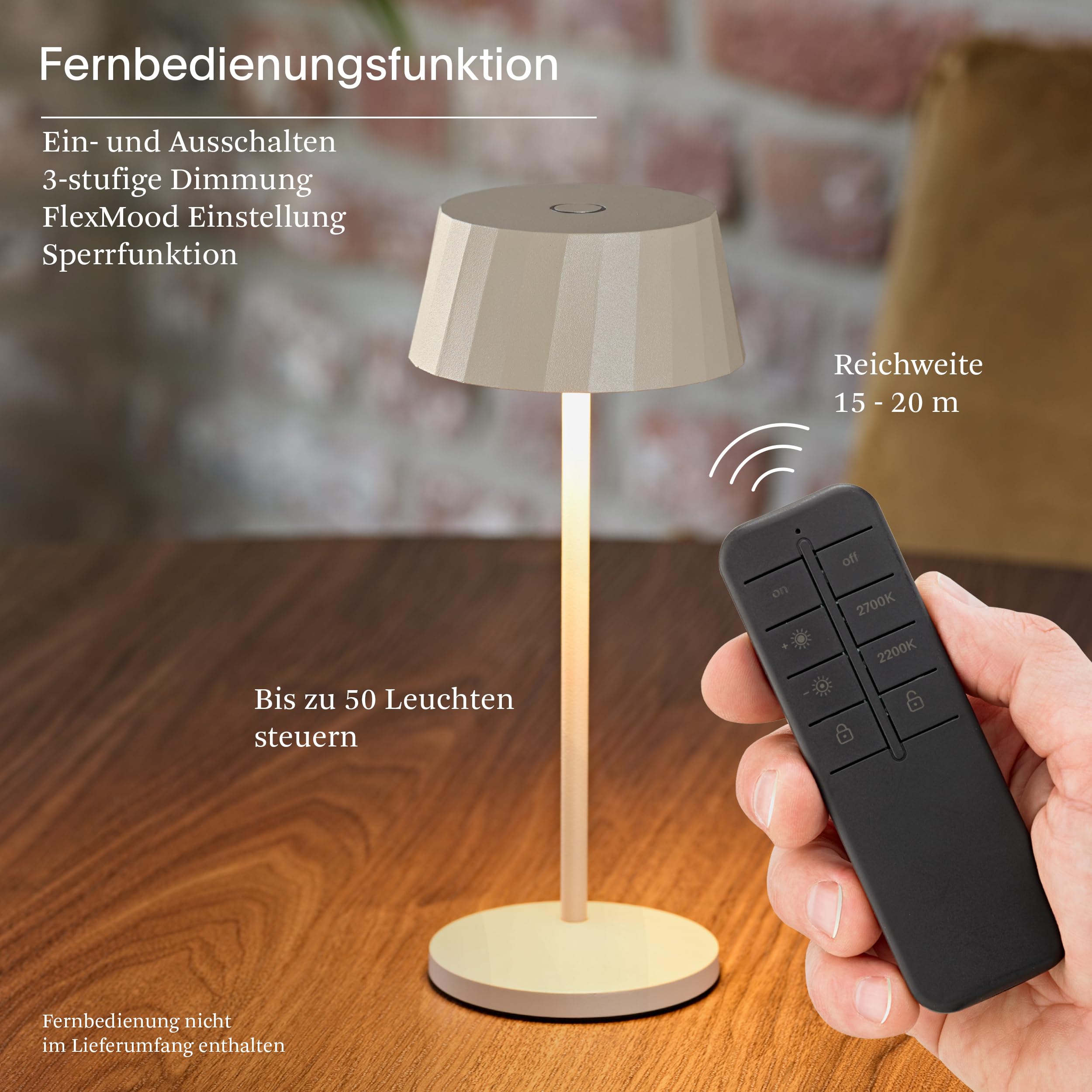 SIGOR Facetta Remote dünenbeige - LED Akku-Tischlampe dimmbar & kabellos mit Fernbedienungsfunktion, FlexMood (2200K/2700K), bis 12h Leuchtdauer, USB-C Ladefunktion, IP44 Outdoor & Indoor