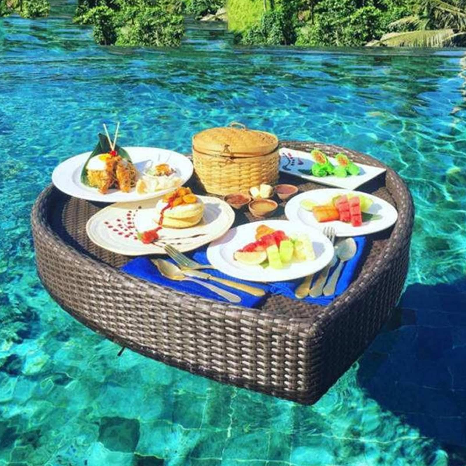 Vassoio per Piscina Galleggiante a Forma di Cuore, Vassoio per Colazione Galleggiante in Rattan, galleggianti per Piscina per Adulti, vassoi per Piscina, per Terme e Feste,80x80cm-Brown