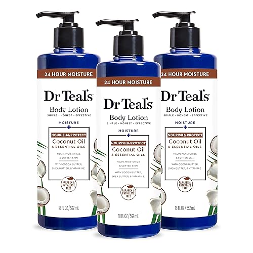 Dr Teal's Loción corporal, aceite de coco y aceites esenciales, 18 onzas líquidas (paquete de 3)