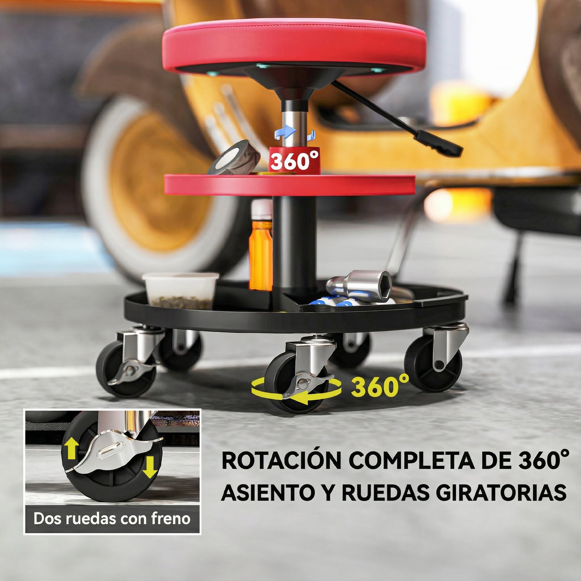 HOMCOM Taburete de Taller Giratorio con Ruedas Altura Ajustable de 40-51 cm Asiento Taburete para Mecánico con 2 Bandejas para Herramientas Carga 135 kg para Garaje Reparación de Automóviles Rojo