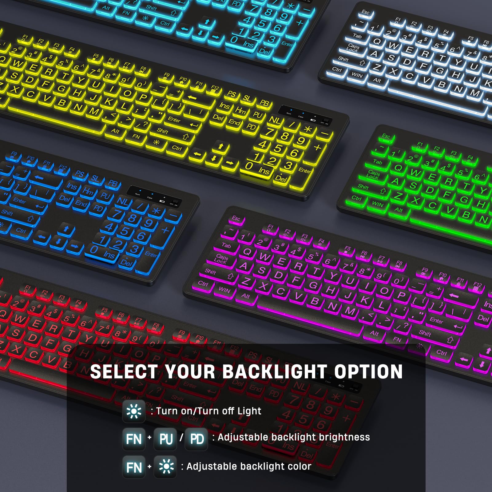 Teclado y mouse inalámbricos de impresión grande, teclado retroiluminado de 7 colores, teclas de letras de gran tamaño, fáciles de ver y escribir, teclado y mouse recargables con tecla iluminada