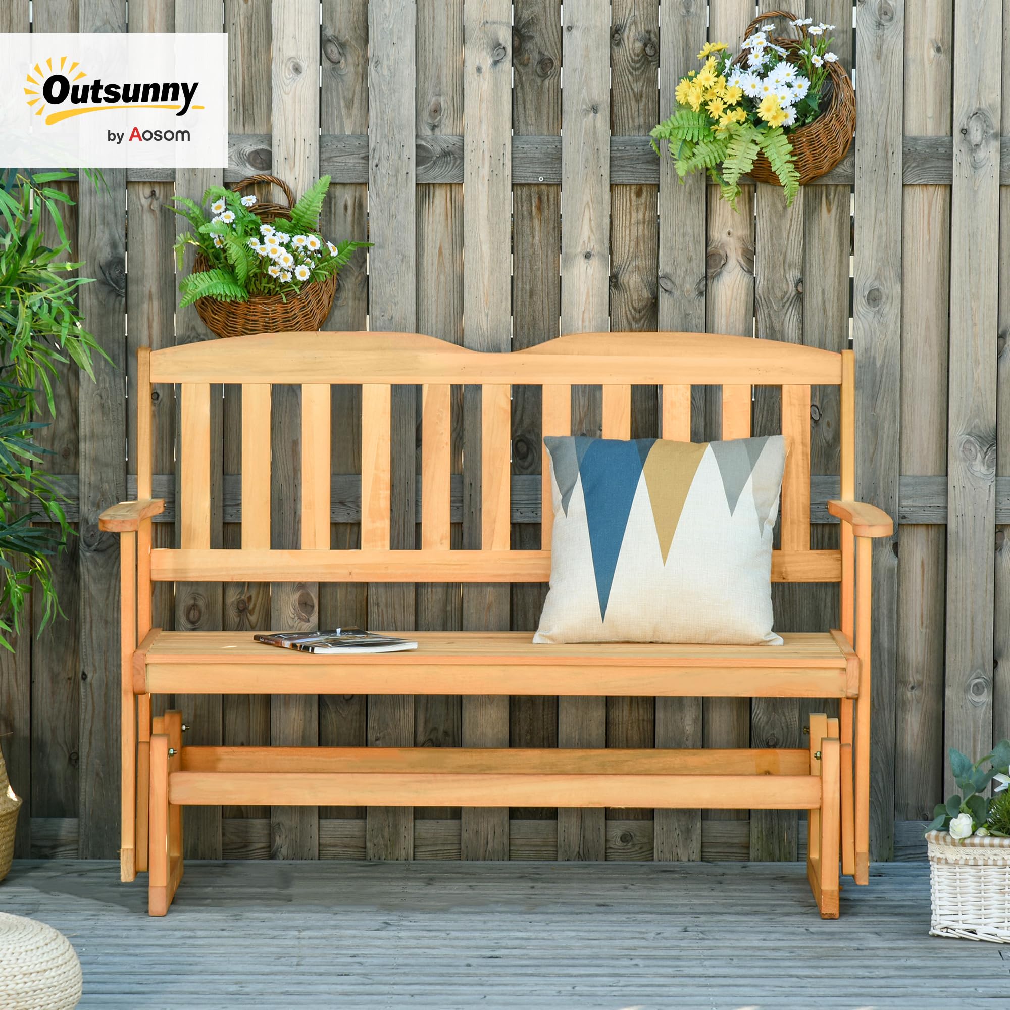 Outsunny Panchina da Giardino a Dondolo da 2 Posti con Braccioli, Panchina da Esterno in Legno di Abete, 132x51x95.5cm, Colore Legno