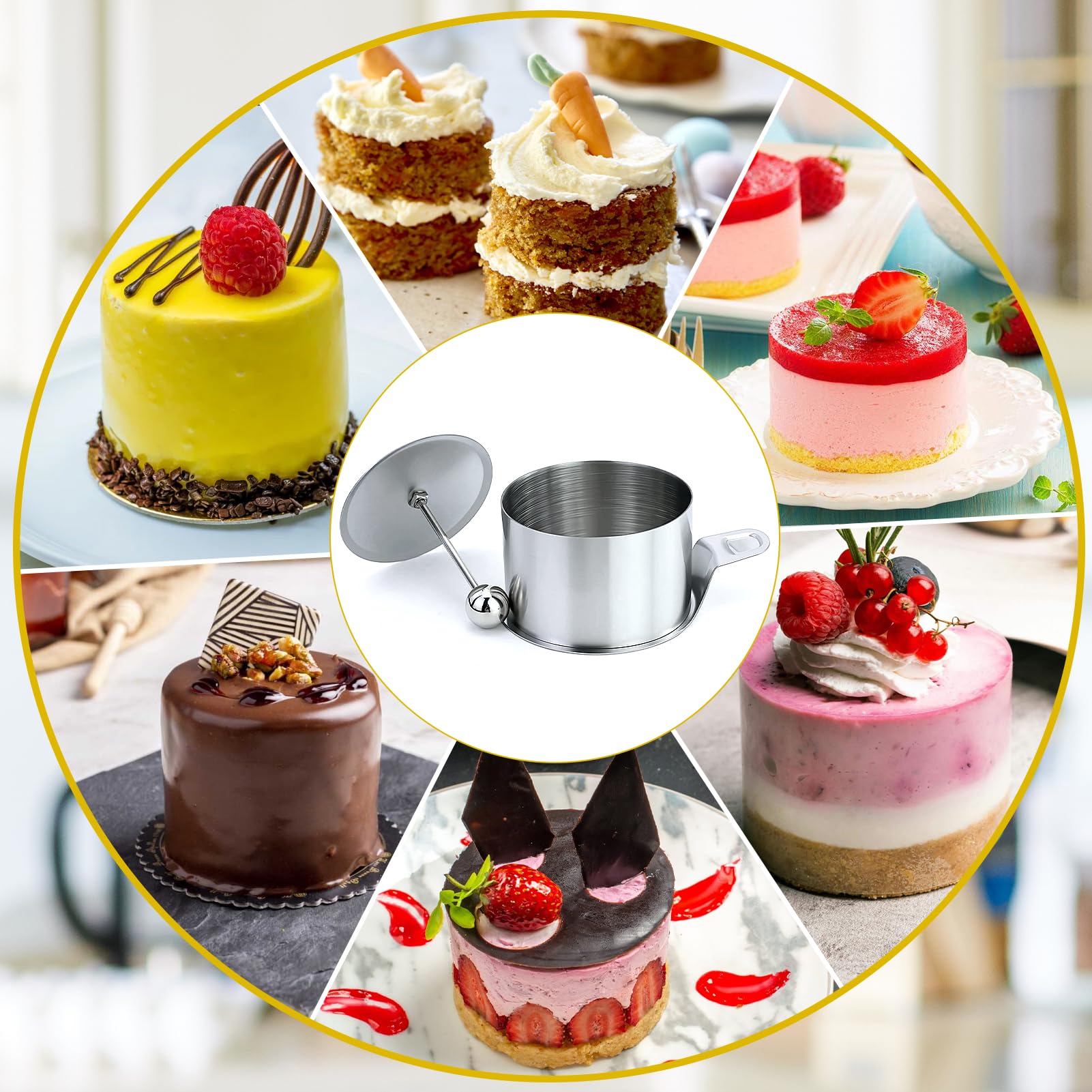 Milai Set 8 Coppapasta E Pressa In Acciaio Inox - Anelli Torta Da 8 Cm Diametro X 4 Cm Altezza - Stampo Rotondo Per Mousse, Dessert, Antipasti - Lavabile In Lavastoviglie