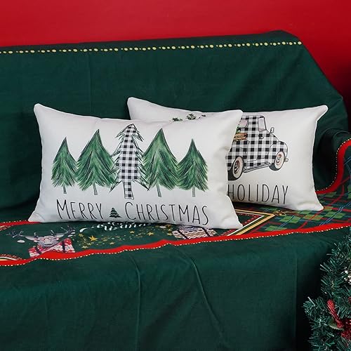 Miniatura 9 de ONWAY Juego de 2 fundas de almohada de 20 x 20 pulgadas con diseño de árboles de camión de búfalo de Navidad para decoración del sofá del hogar