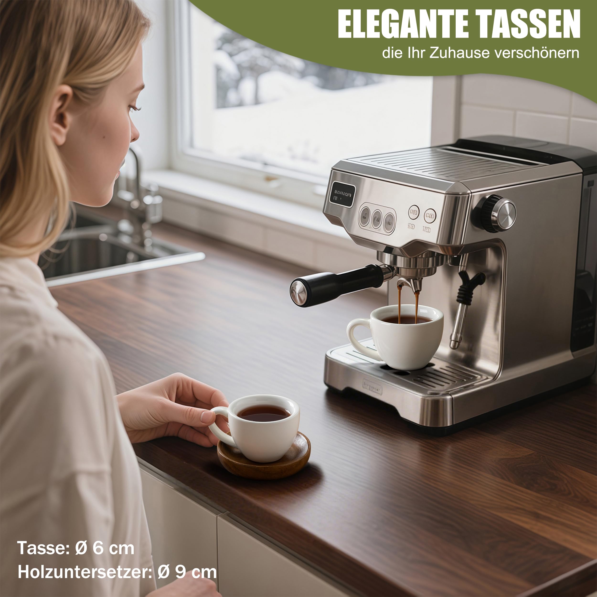 6er Set Espressotassen mit Untertassen – Weiß, 75ml Dickwandige Keramik-Espressotassen Set, Lang Warm Haltend, Stapelbares Design & Spülmaschinenfest