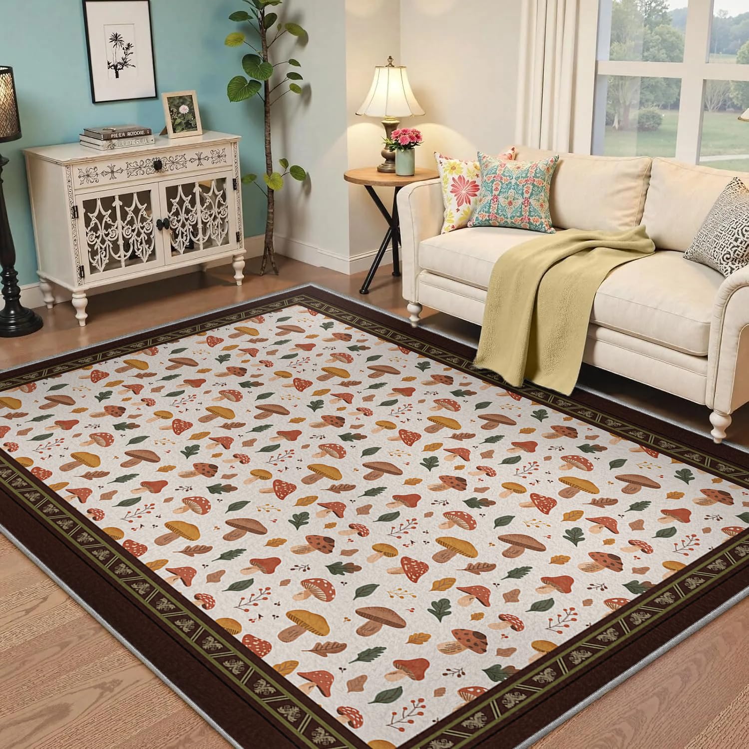 Tapis motif champignon et feuilles automne 140x200cm de salon