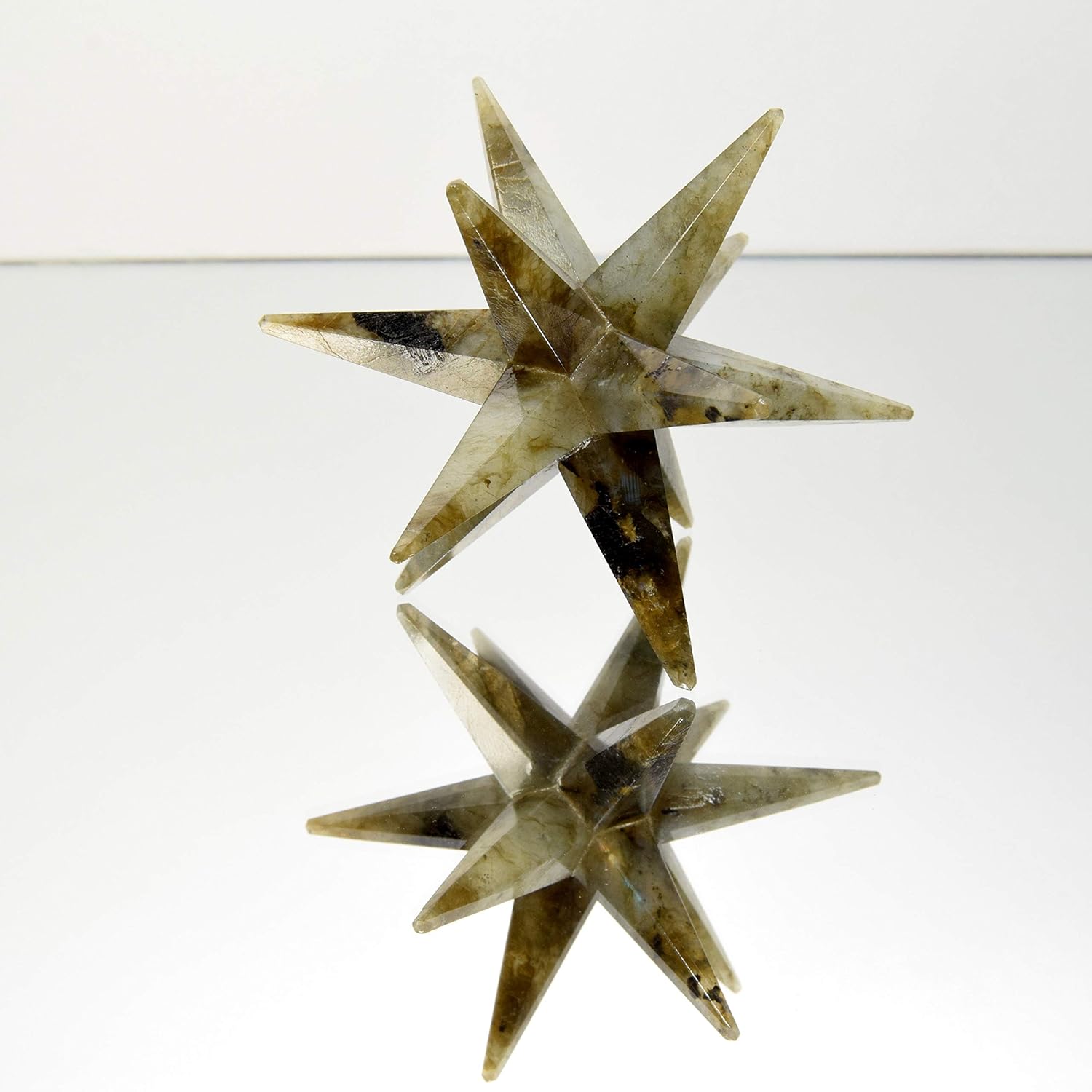 HC Set: 71mm 12 Point Labradorite Merkaba Star Yellow Flash Natural Mineral Feldspar Crystal Handcrafted Gemstone Star - Madagascar + One Polished Clear Quartz Cabochon from Brazil