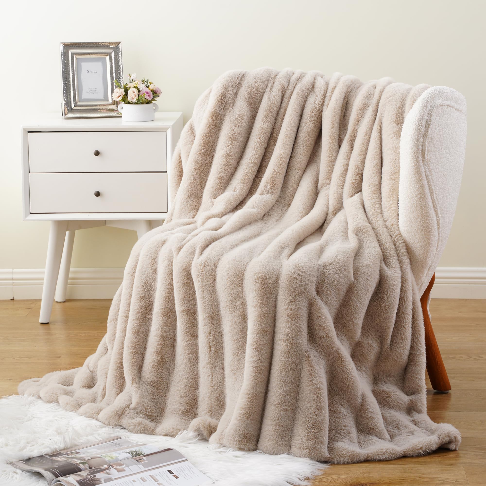 BATTILO HOME Luxury Faux Rabbit Fur Throw Blanket Beige, Super Soft Rabbit Plush Fluffy Fu...