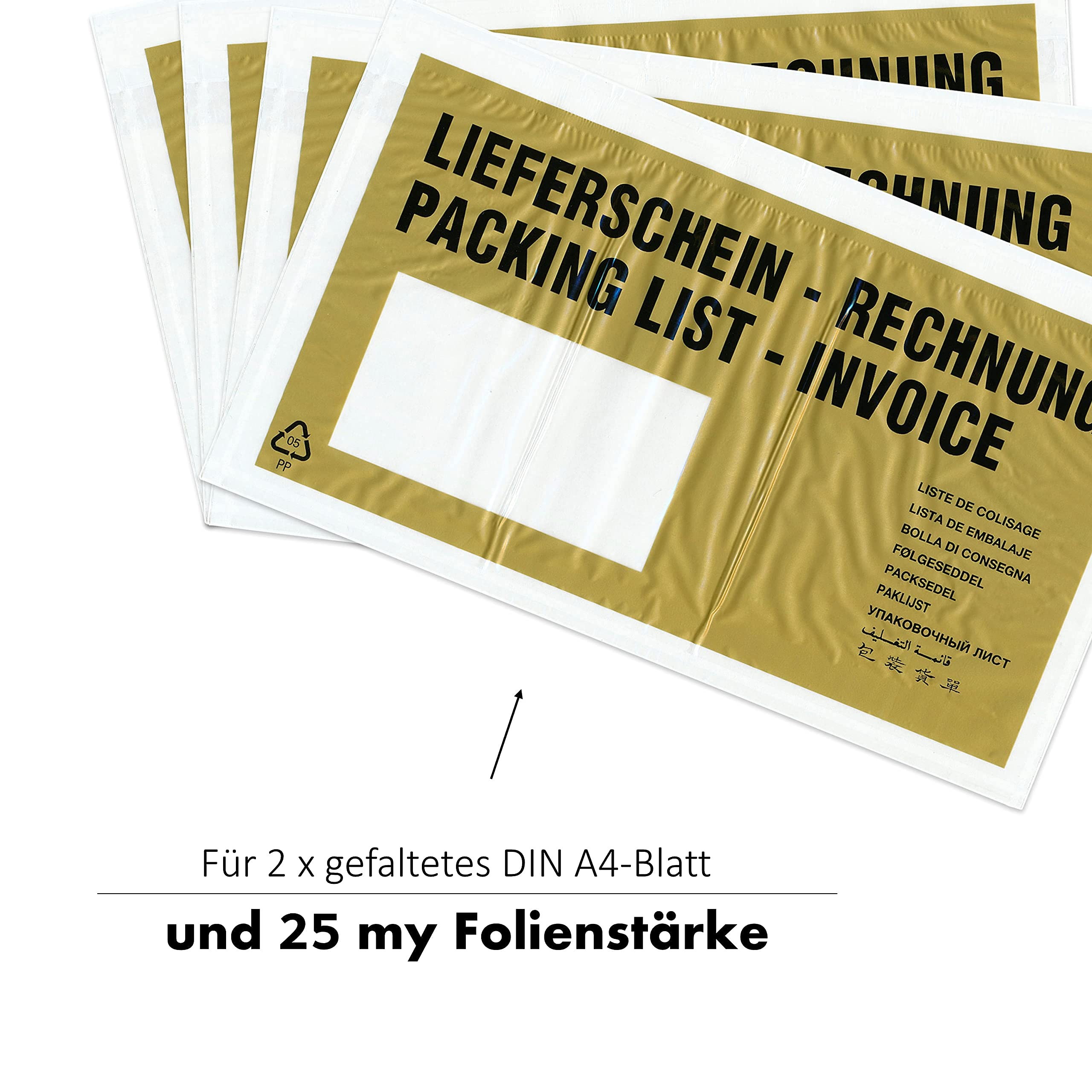 1.000 x Lieferscheintaschen 225 x 120 mm in DIN-LANG Gold "Lieferschein/Rechnung" inkl. 125 Page-Marker in 5 Farben - Dokumenten-Taschen selbstklebend - Begleitpapiertaschen für Versand