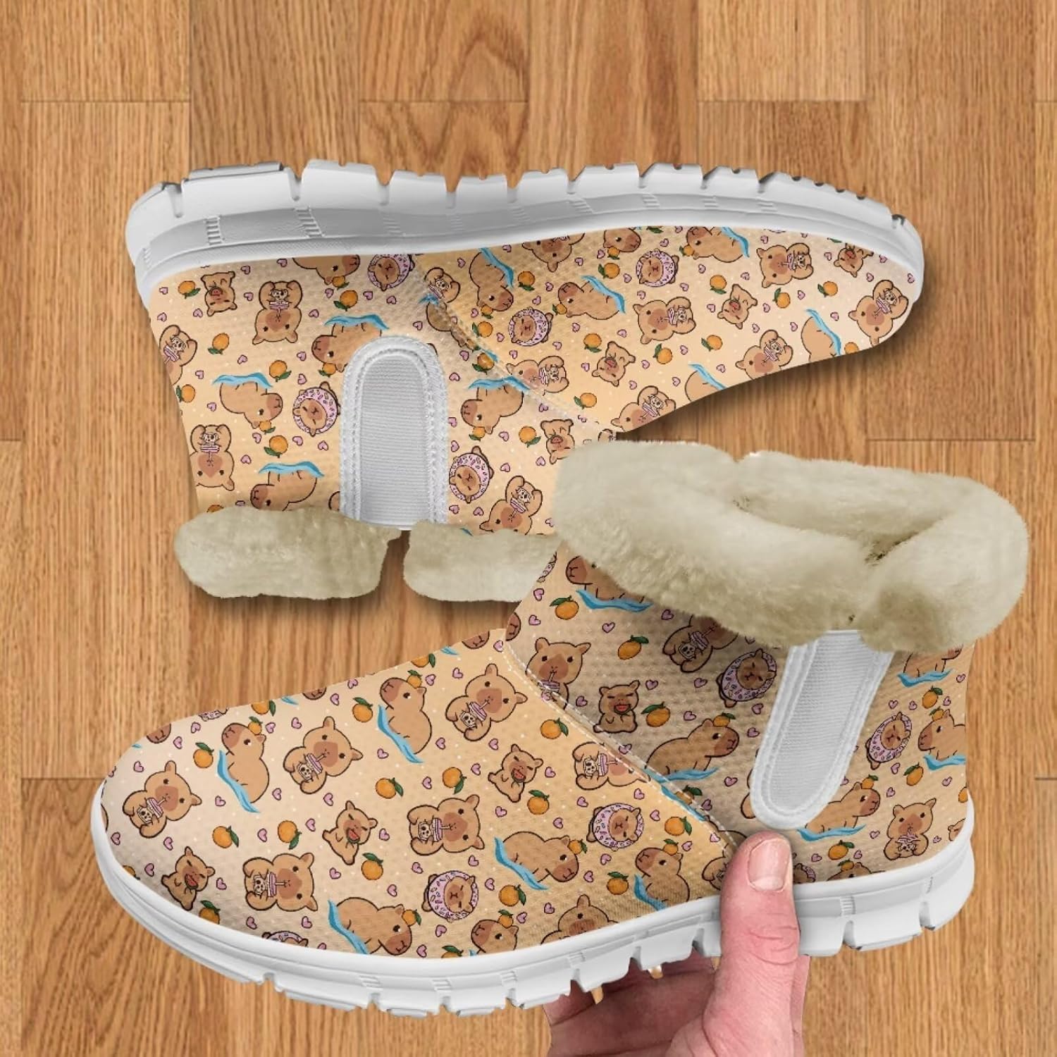 JoyLamoria Funny Santa Claus Reindeer Print Snow Boots for Women Christmas Blue Snowflake Fuzzy Boots Walking Sneakers Boots Warm Lined Boots Anti Slip for Outdoor