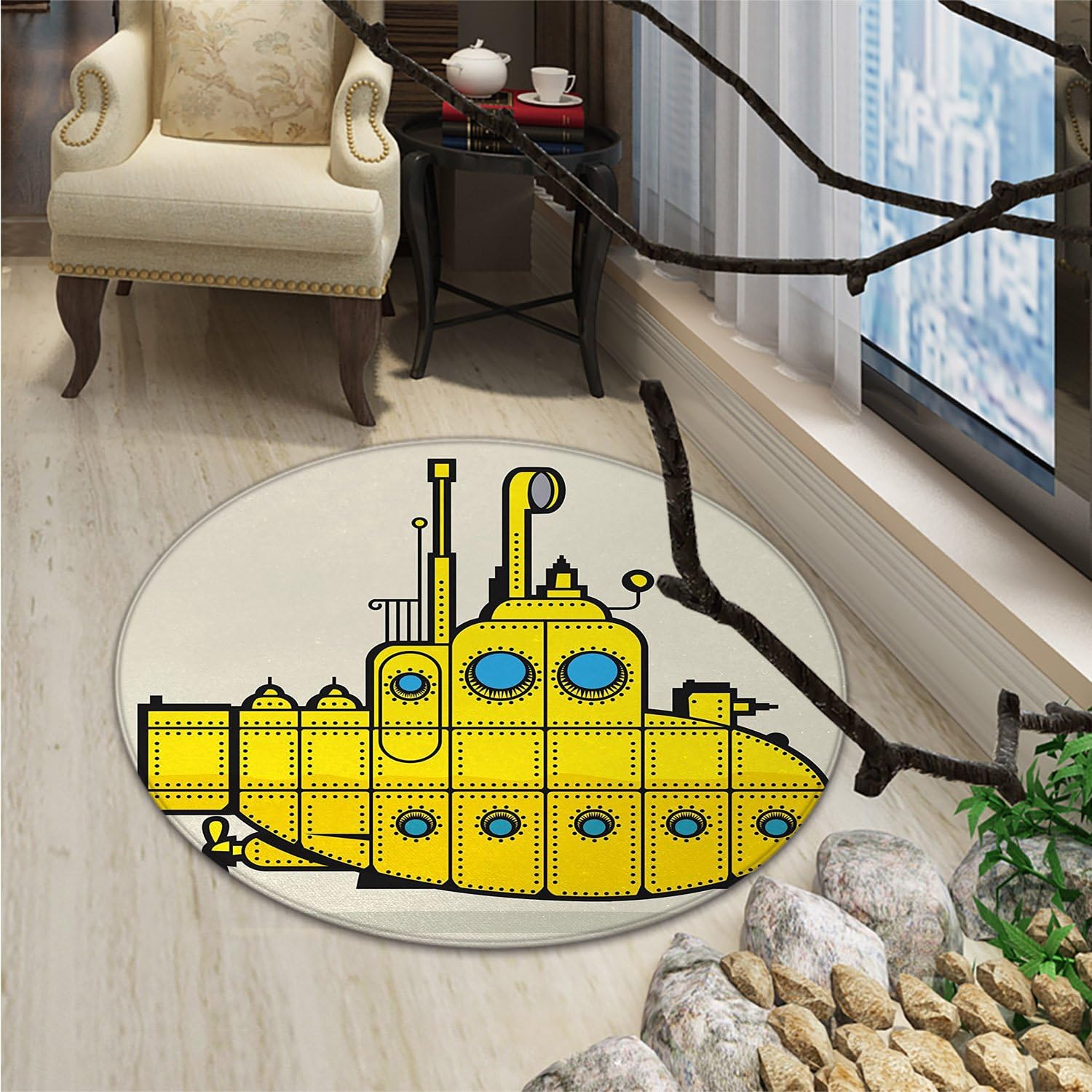 Yellow Submarine Round Rugs Retro Grunge Artsy Marine