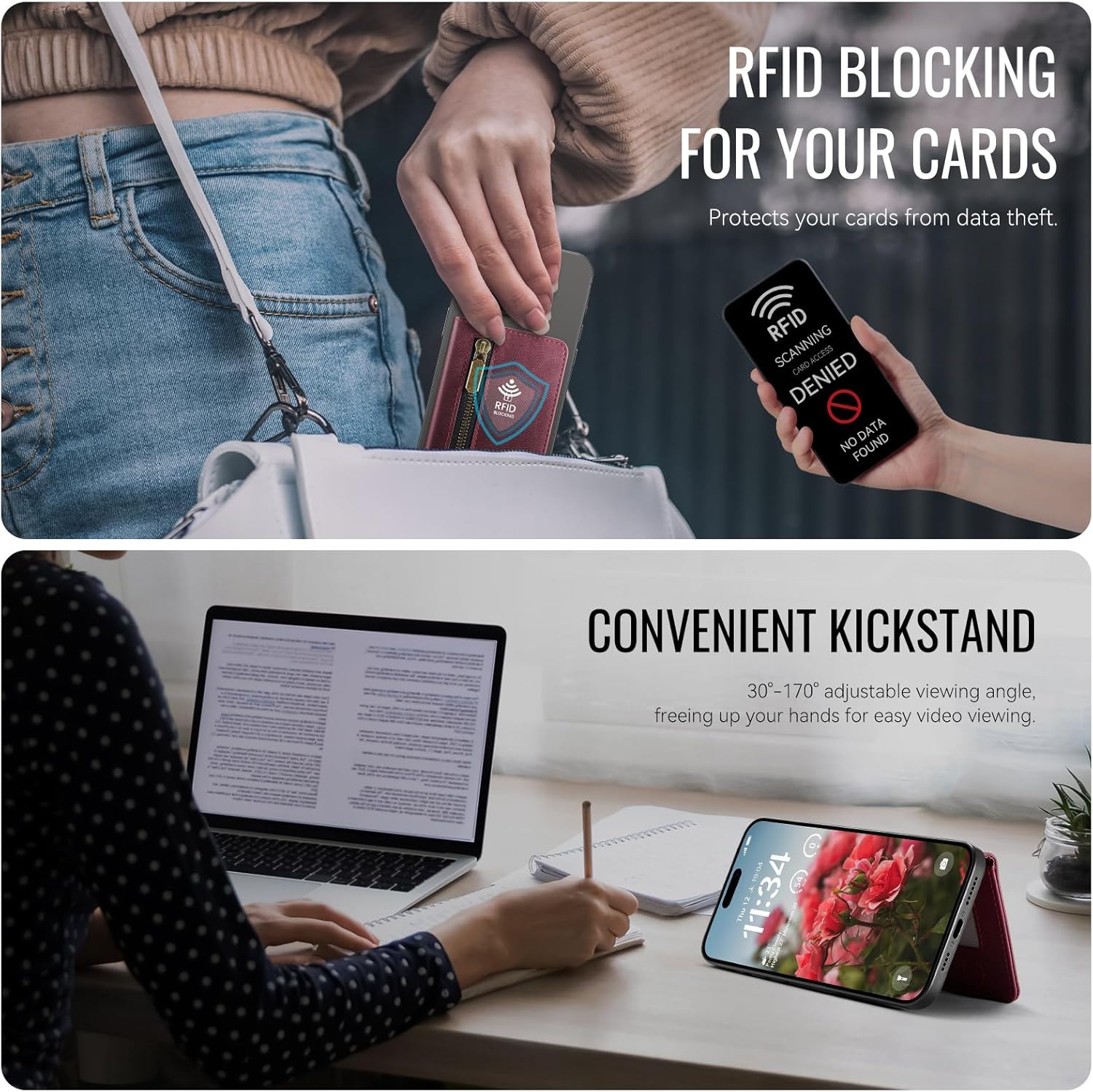 Strapurs Magnetic Card Holder Compatible with MagSafe Phones and Cases, PU Leather Phone Wallet for iPhone 17/16/15/14/13/12/Pro/Max/Plus/Air, 4 Card Slots RFID Blocking with Zipper Pocket - Burgundy