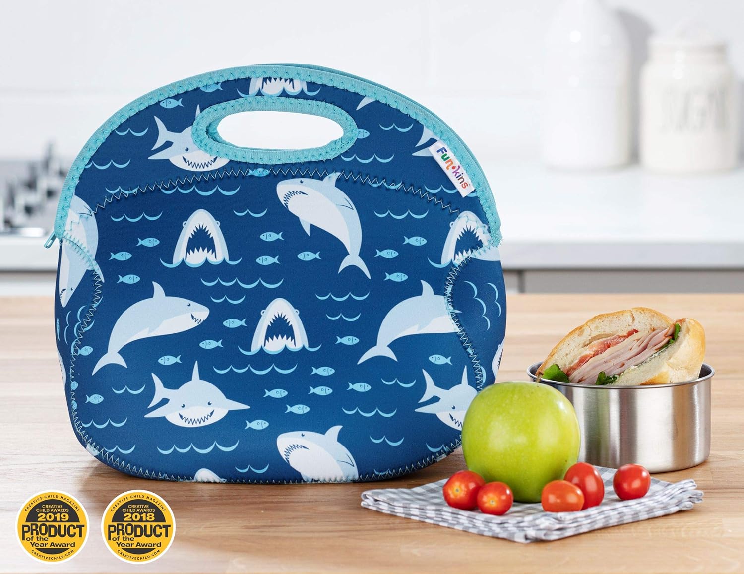 FUN KINS Insulated Lunch Bag for Kids | Spacious, Durable, Machine Washable | Premium Quality | Interior Pocket & Name Tag | Easy to Pack, Folds Flat for Storage | Large Size Lunch Bag (Sharks)