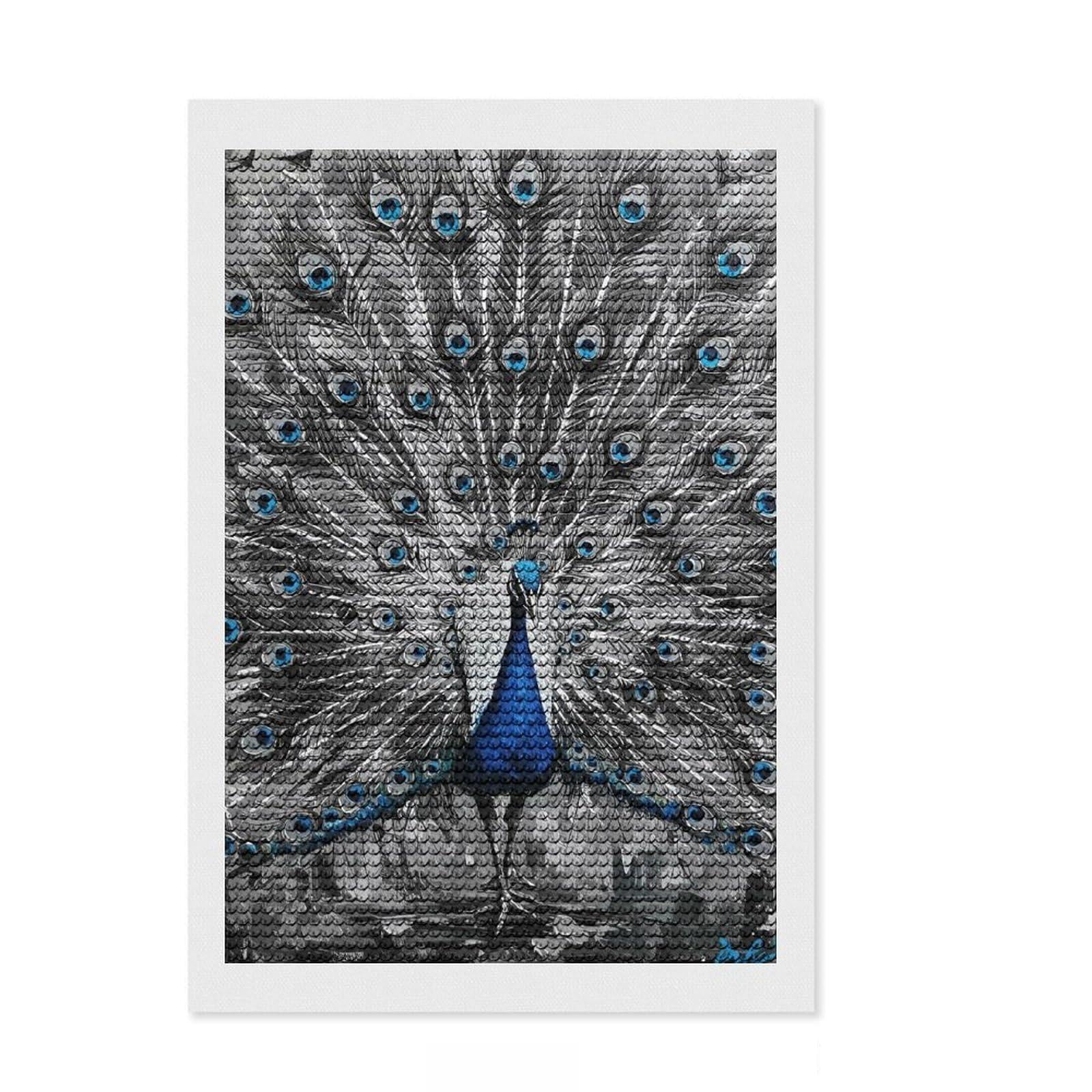 Junmoney Peacock Painting with Blue Accents 5D Diamond Painting Kit 8"x12", Round Gems, Aesthetic Room Decor, Seasonal Gift Choice, Gift Idea, Leisure Activity