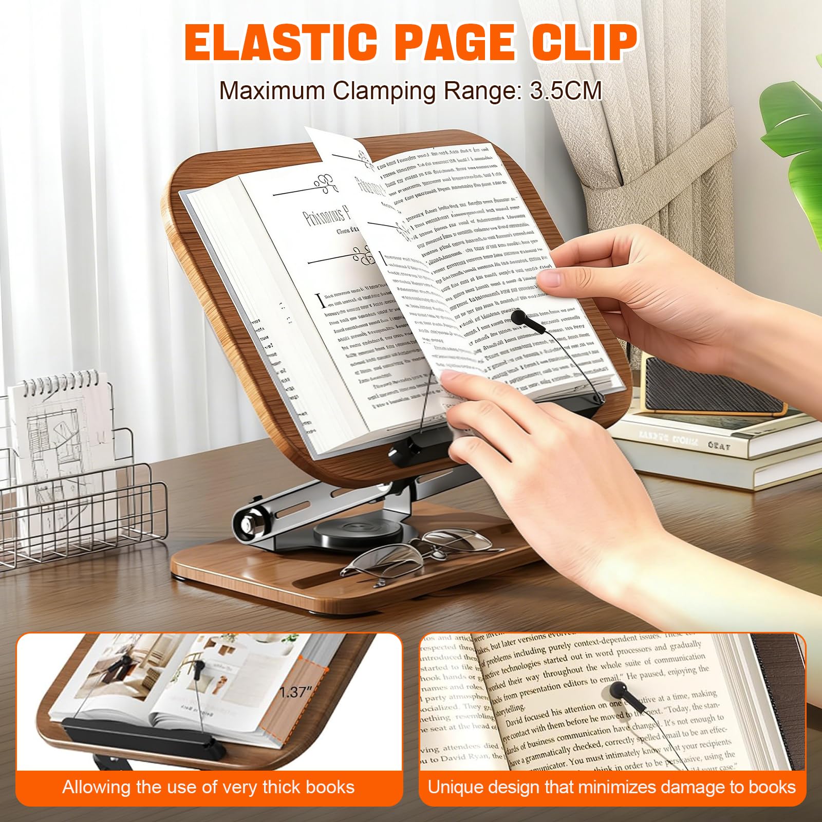 Support de Lecture en Bois Réglable et Rotatif à 360° - Pliable - Pupitre Ergonomique Porte-Livre pour Cuisine (Livre de Cuisine), Bureau, Partition de Musique et Tablette