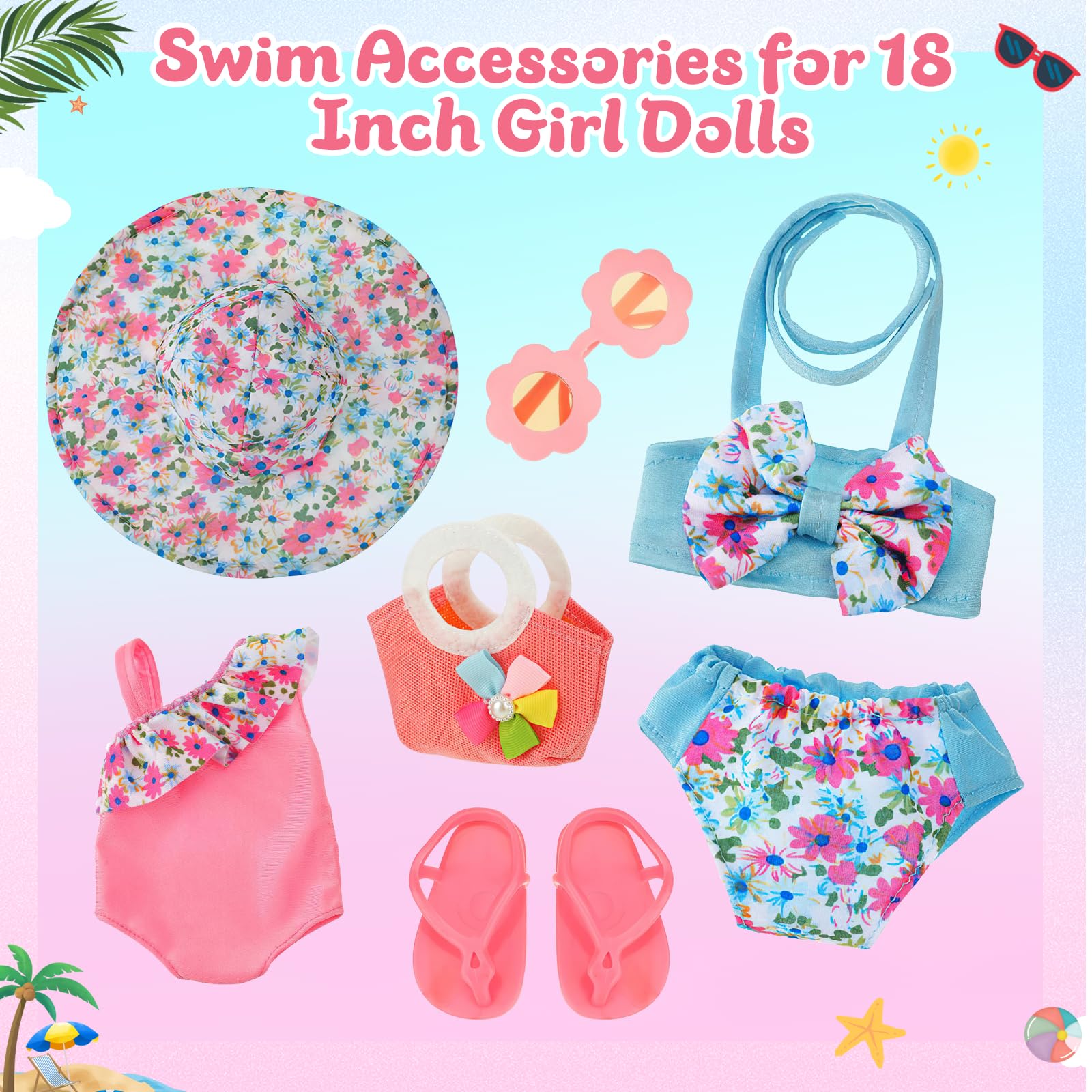 Costume da Bagno per Bambole, Set di Nuoto per Bambole, Vestiti Bambola Estate con Costumi da Bagno, Occhiali da Sole,Cappello, Pantofole, Vestite Bambole Reborn per Bambole 35-45 cm