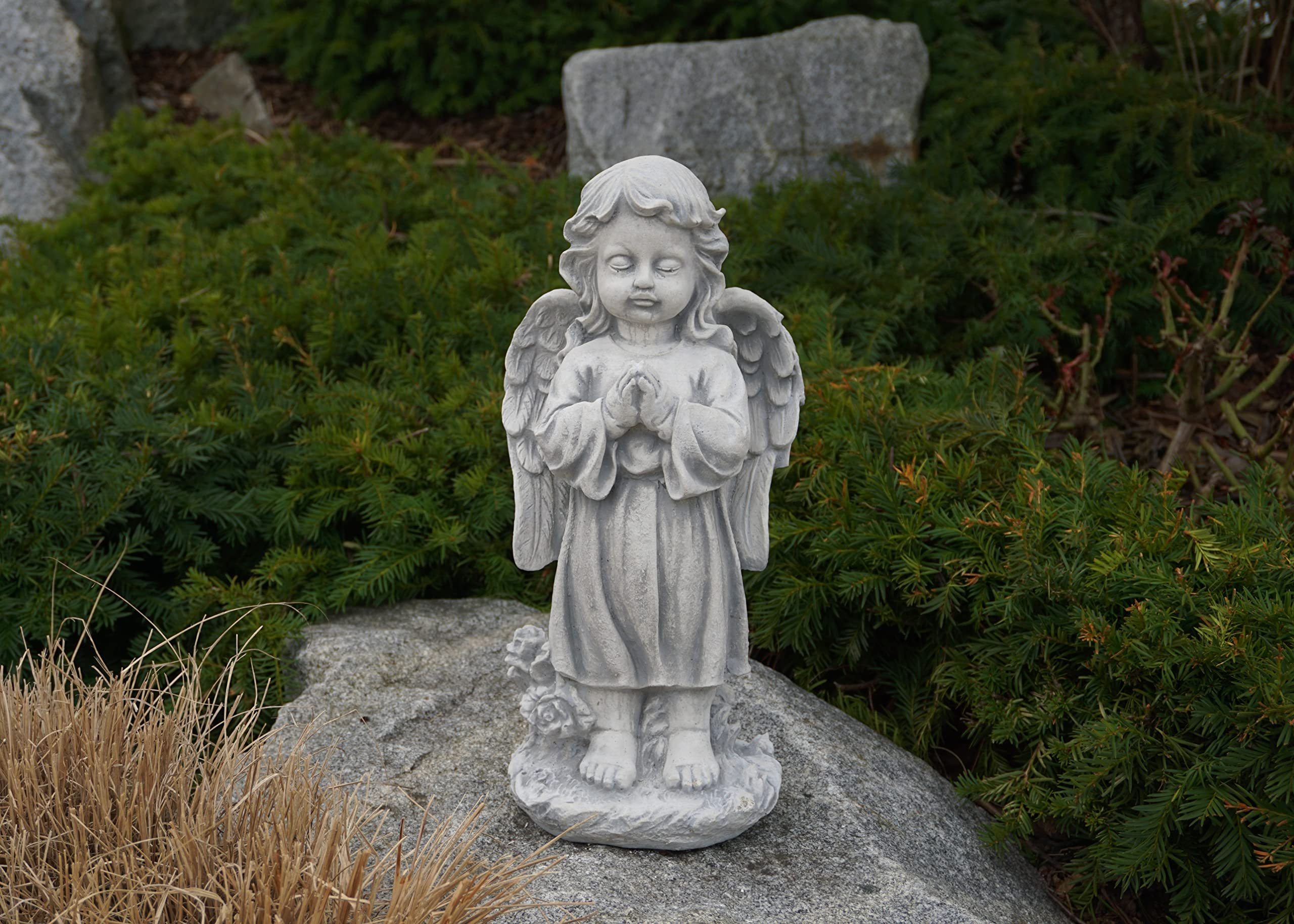 gartendekoparadies.de Engel stehend, Steinfigur H. 42 cm, 7 kg, Grau, frostsicher aus Steinguss für Außenbereich