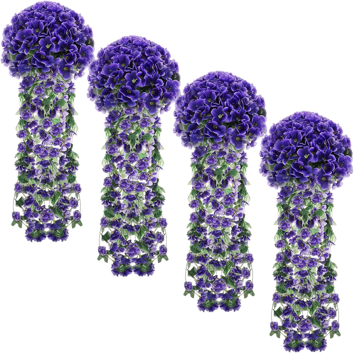 XunYee 4 Pack Artificial Hanging Flowers for Outdoor Violet Fake Hanging Plants 5 Petal Silk Violet Simulation Plant Royal Faux Artificial Flowers for Home Indoor Garden Wedding Spring Decor(Purple)