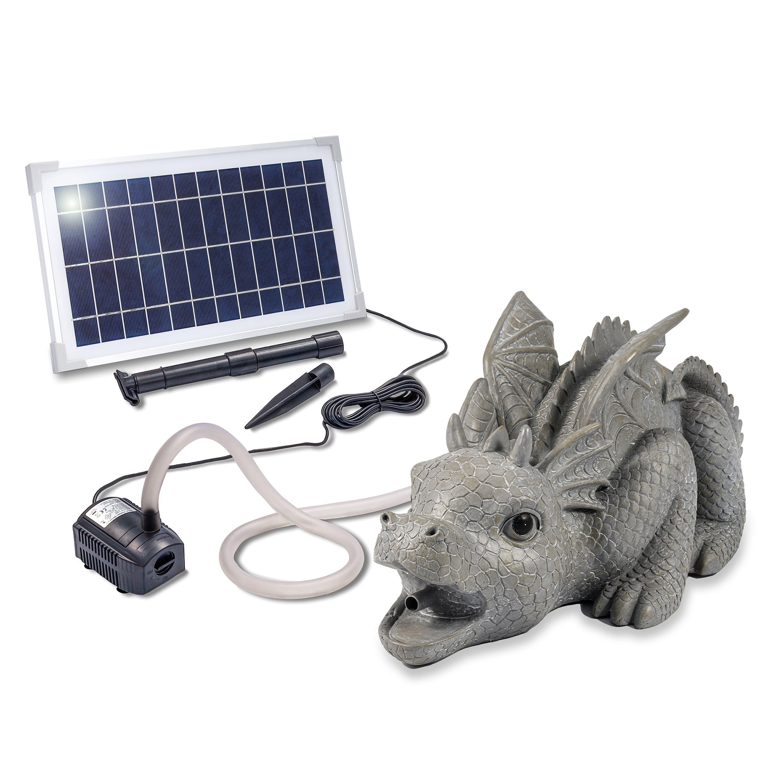 Esotec Solar Wasserspeier Drache Grisu Komplettset, Solar Springbrunnen für Außen, Solarbrunnen mit Solarpumpe 380l/h, 8Wp Solarmodul, 40x21,5x20cm 101655
