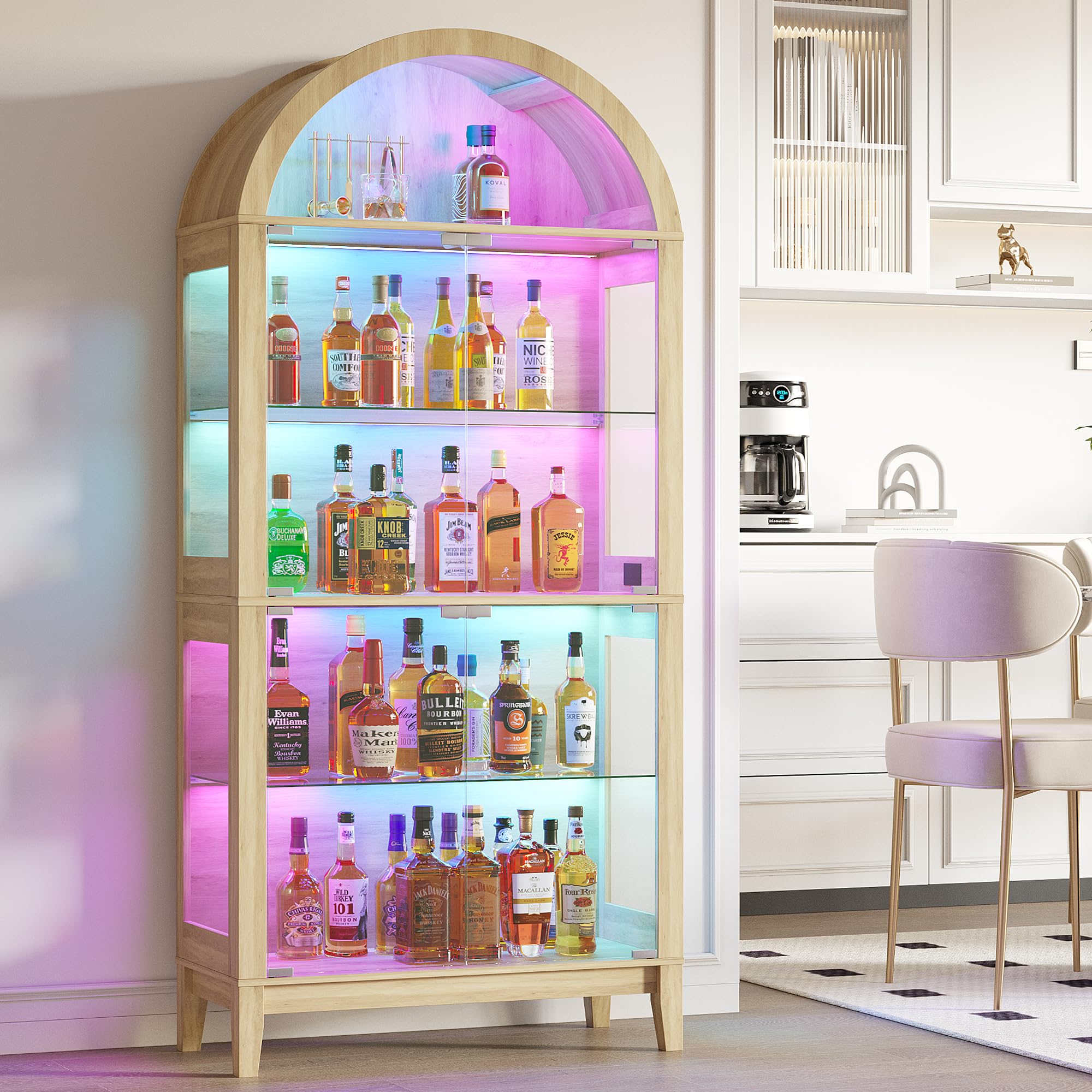 HNEBC Arched Display Cabinet with Glass Doors&amp; Music Sync Lights,Natural