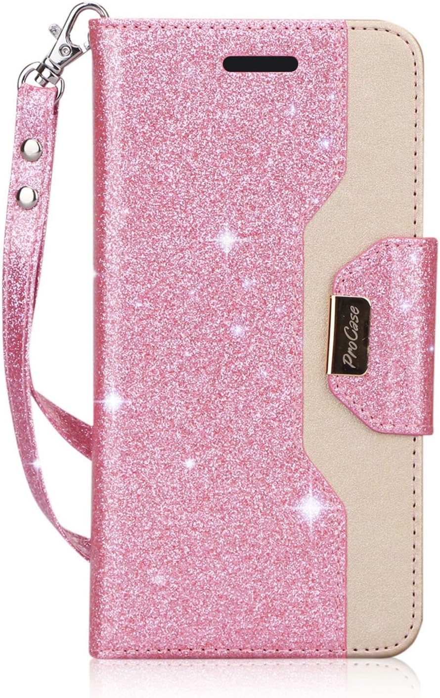 ProCase iPhone Xs/iPhone X Wallet Case, Flip Kickstand Case with Card Slots Mirror Wristlet, Folding Stand Protective Cover for 5.8 inch Apple iPhone Xs (2018) /iPhone X (2017) -Glitter Pink