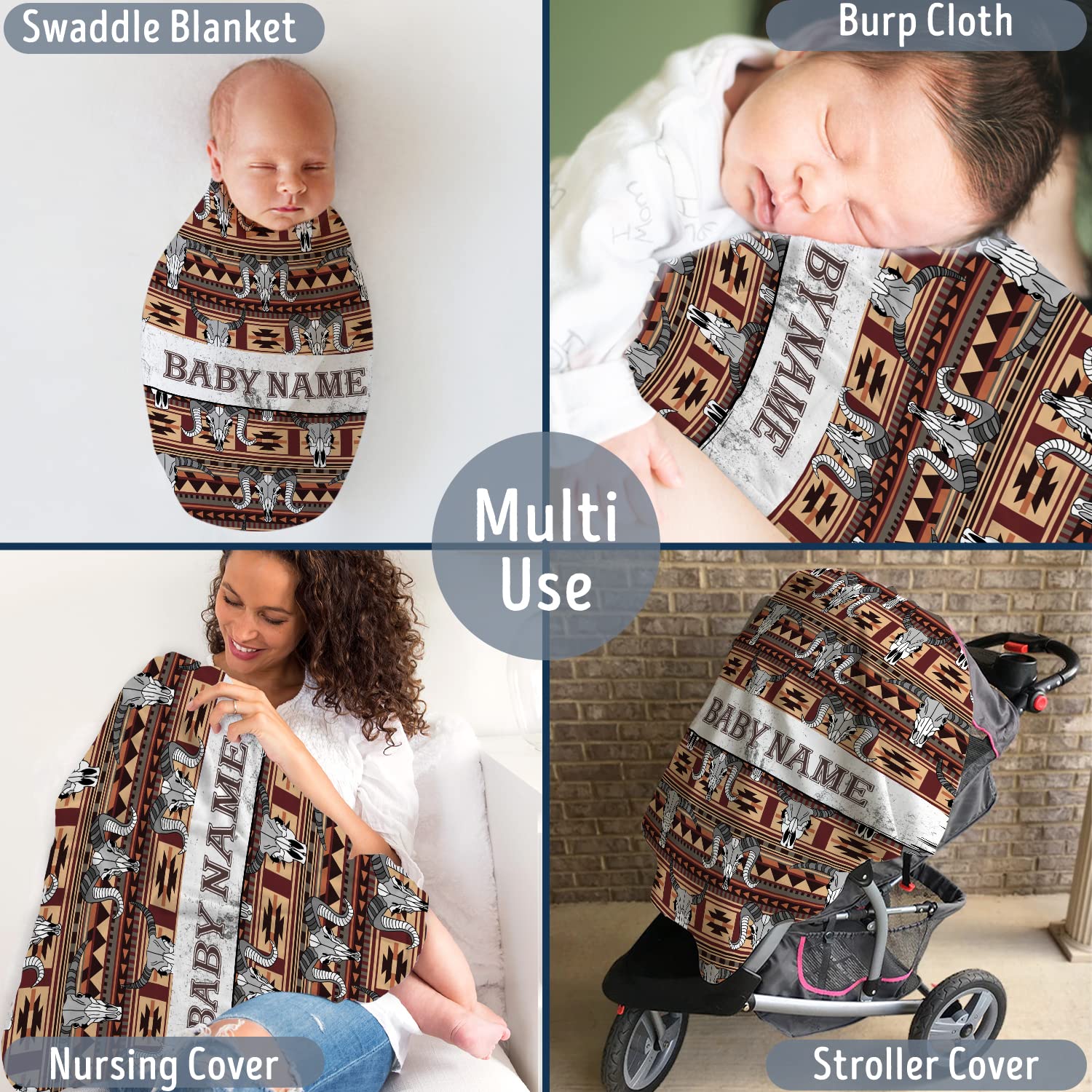 Cowboy Baby Blankets, Personalized Baby Blankets for Boys, Baby Western Blanket for Baby Boys Girl, Skull Longhorn Custom Baby Blankets Name, Tribal Pattern Fleece Blankets for Infant Newborn