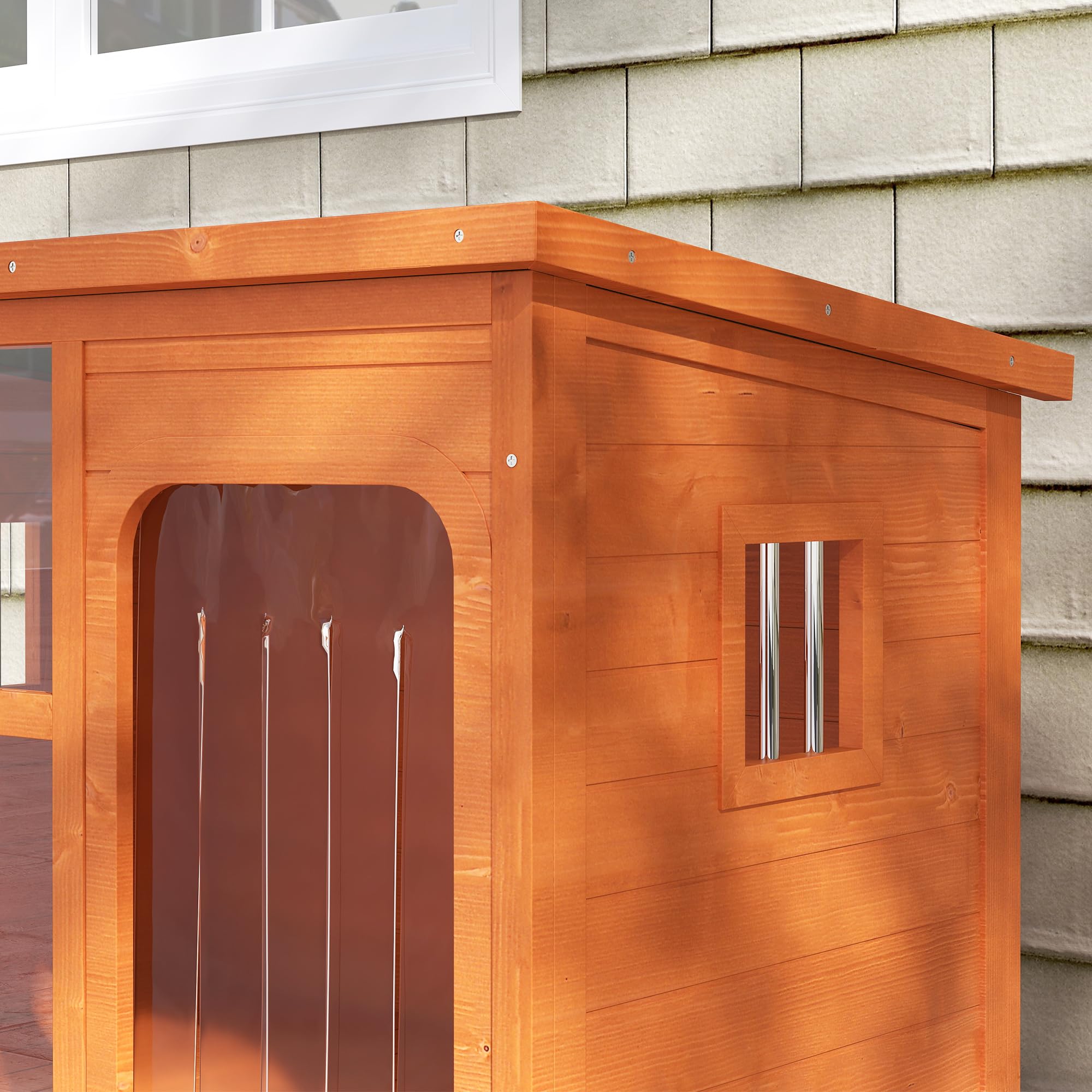 PawHut Caseta para Perros Exterior Casa para Perros Pequeños y Medianos con Techo Asfáltico Abatible Puerta con Cortina Panel Frontal Transparente y Base Extraíble 90x62x71 cm Natural