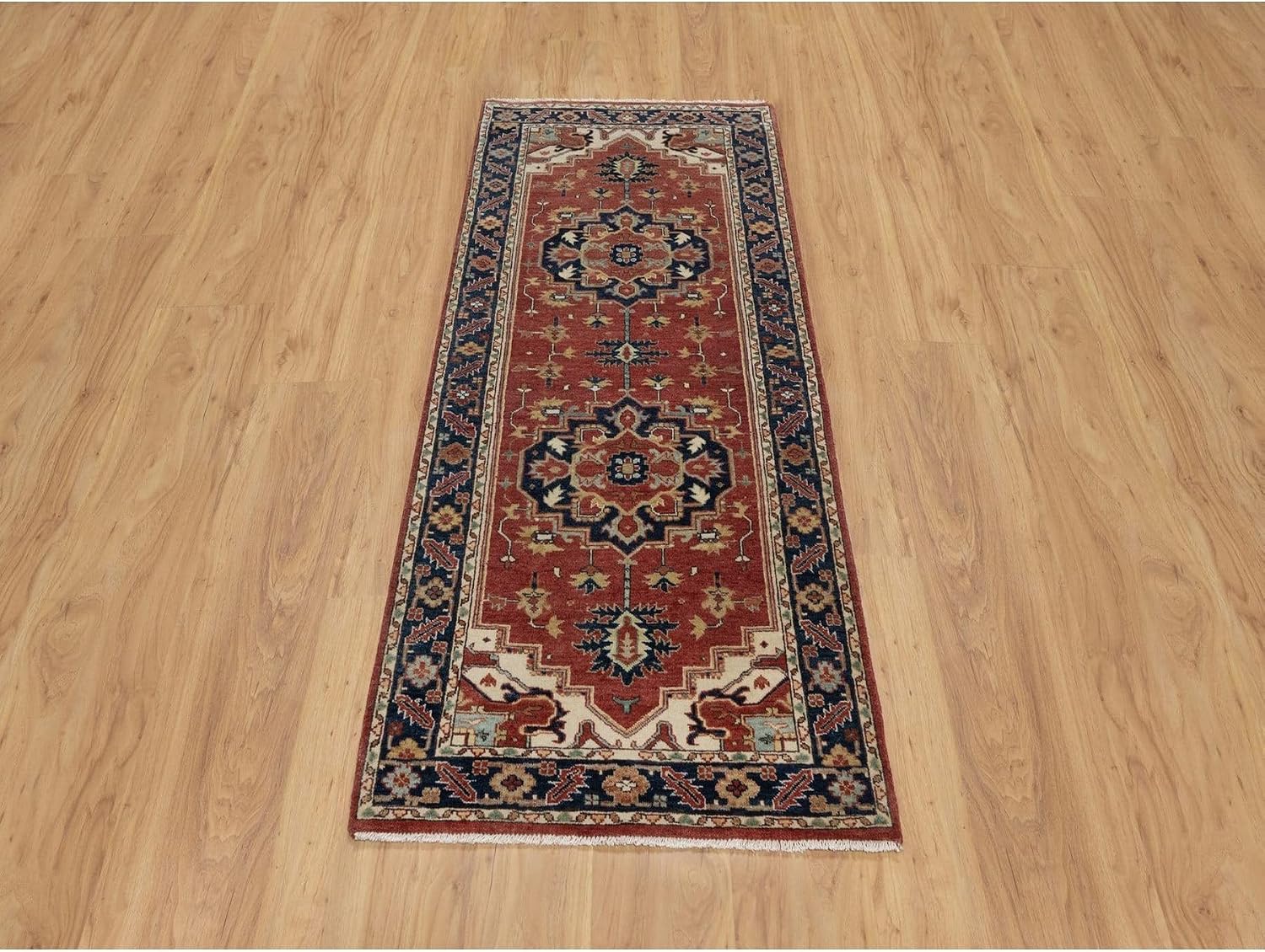 Berry Red Hand Knotted Oriental Runner Rug, 2'8"x6'3", Medallion Design, New Zealand Wool, Vegetable Dyes, Soft Pile