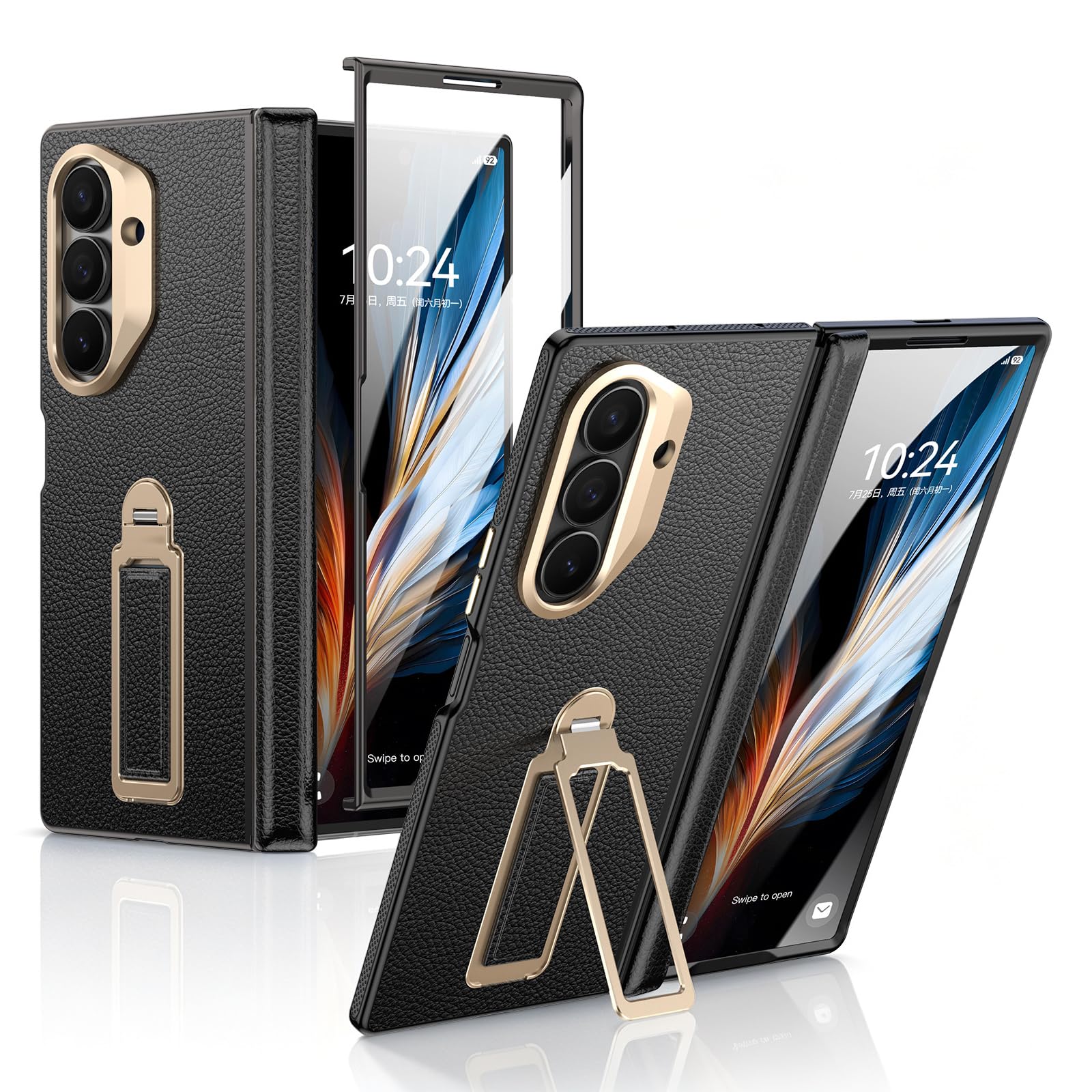 Skórzane etui do Samsung Galaxy Z Fold 7, ukryta podpórka na nadgarstek, etui ze szkła hartowanego, odporne na wstrząsy, czarne, składane 7