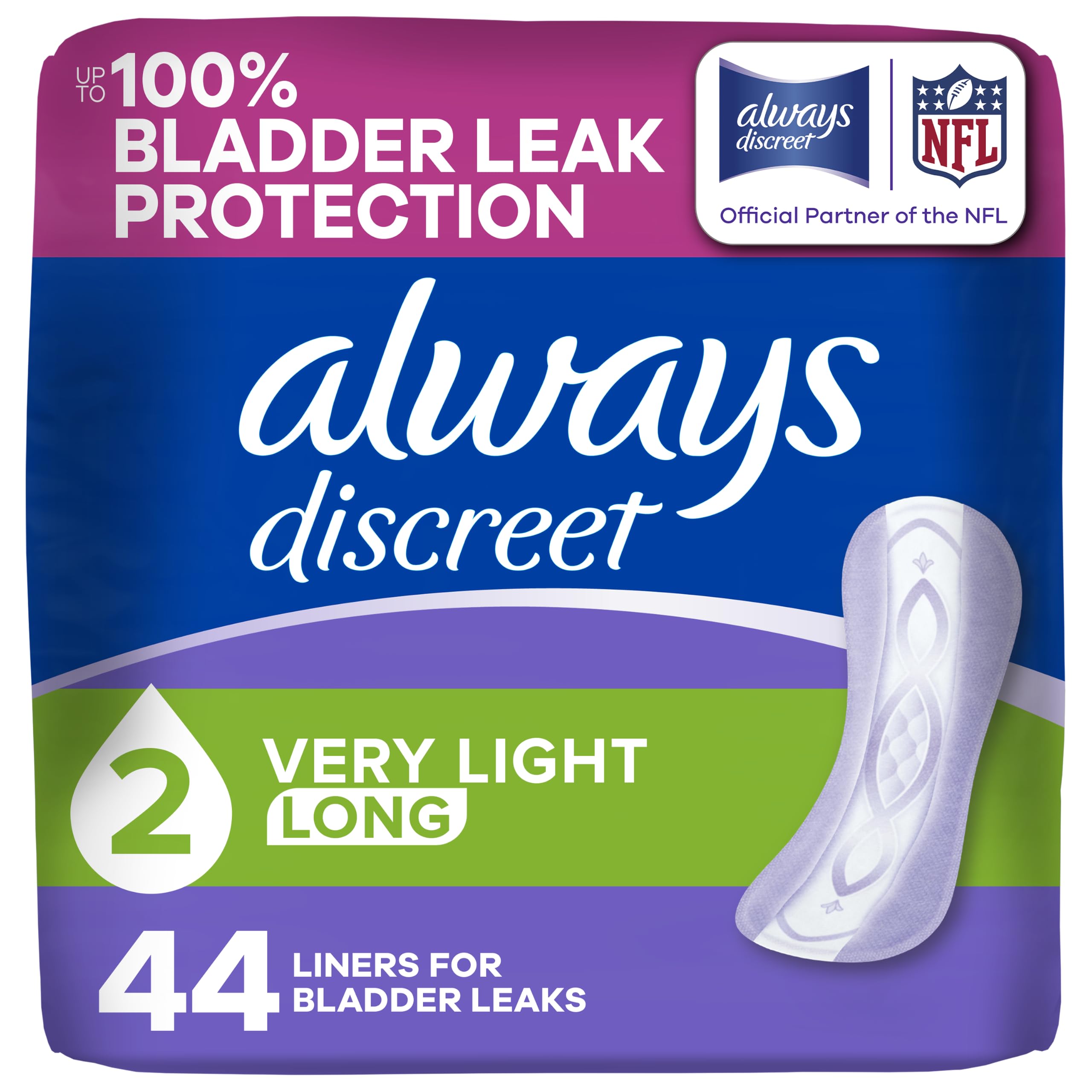 Always Discreet Incontinence Panty Liners for Bladder Leaks, Size 2, Very Light Absorbency, Long Length, 44 CT