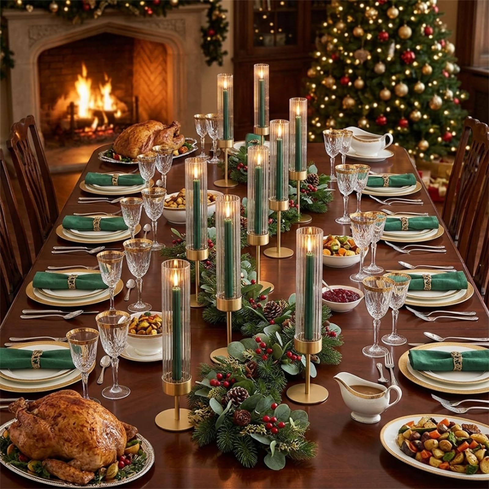 Portavelas dorado Hurricane – Juego de 12 portavelas de latón cónico alto de vidrio estriado, decoración para bodas, fiestas, centros de mesa, mesa de comedor, mantel de Navidad