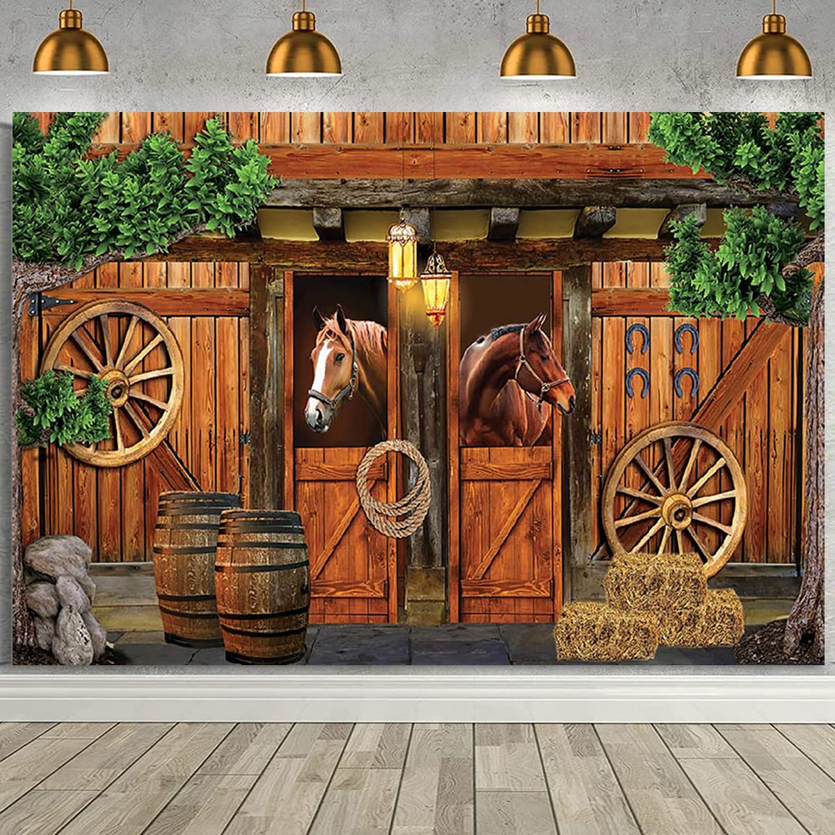 Western Cowboy Photography Background Farm Wood Barn Door West Stable Horse in Barn Birthday Party Decorations Wild West Decor Baby Shower Party Children Birthday Party Cake Table Decor (7X5FT)