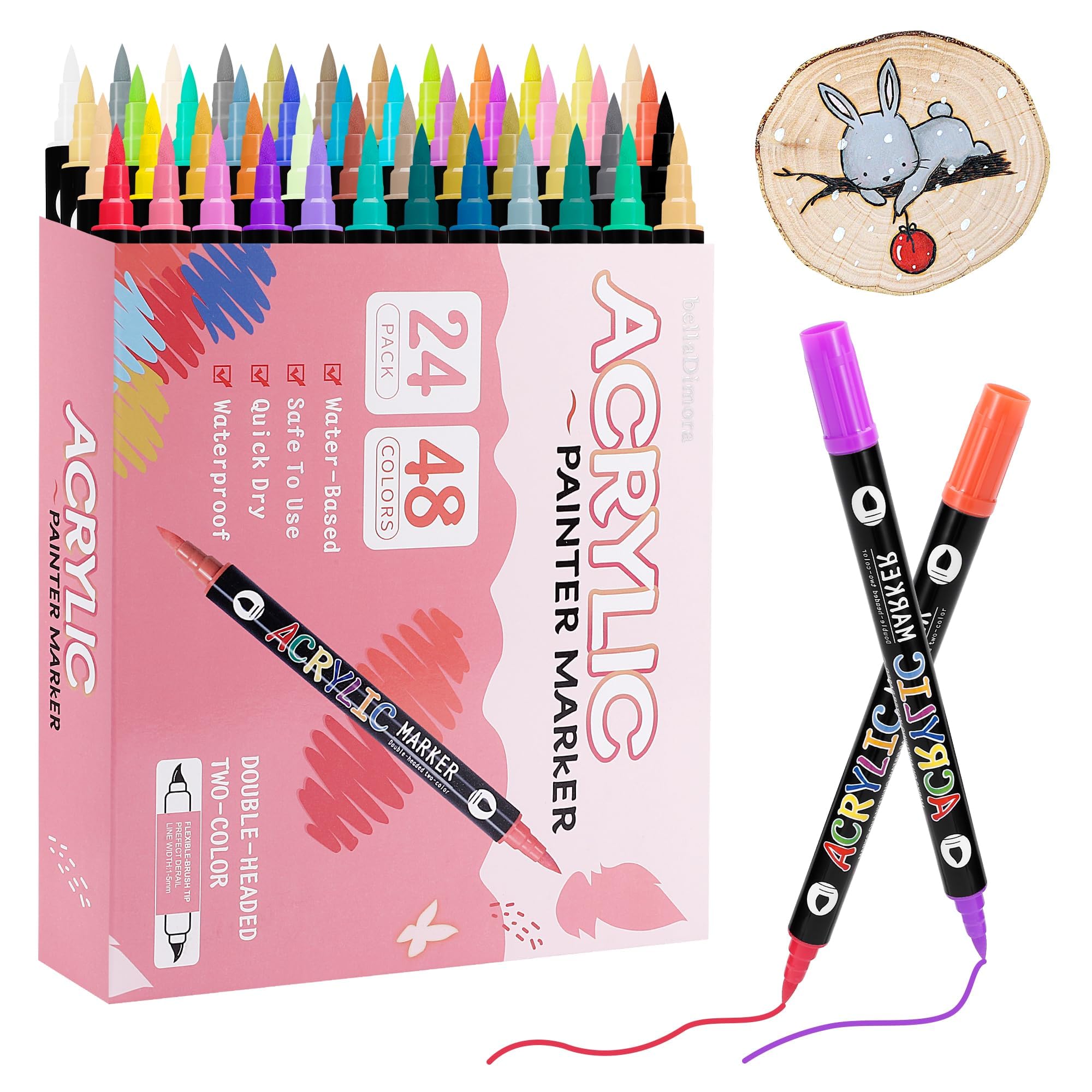 KASTWAVE 48 Colors Fabric Markers, Paint Pens Acrylic Markers Set, 24 pcs Dual Brush Tip & Two Colors Acrylic Paint Pens, Waterproof, Quick Dry for Clothing Glass, Rock Painting, Wood, DIY Crafts