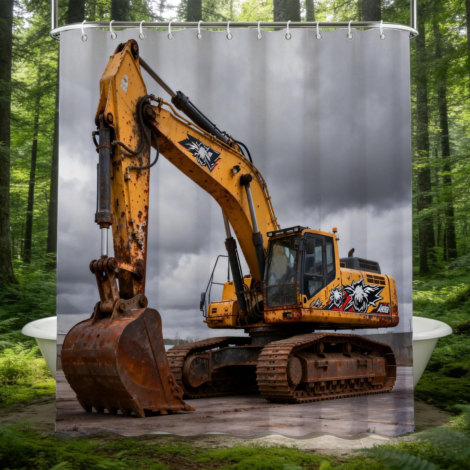 Hongduo 3D Excavator Shower Curtain for Stalls Bathtubs Construction Site Bathroom Decor Shower Curtain Set Polyester Fabric Waterproof 180x200cm/71X79 Inch with Hooks