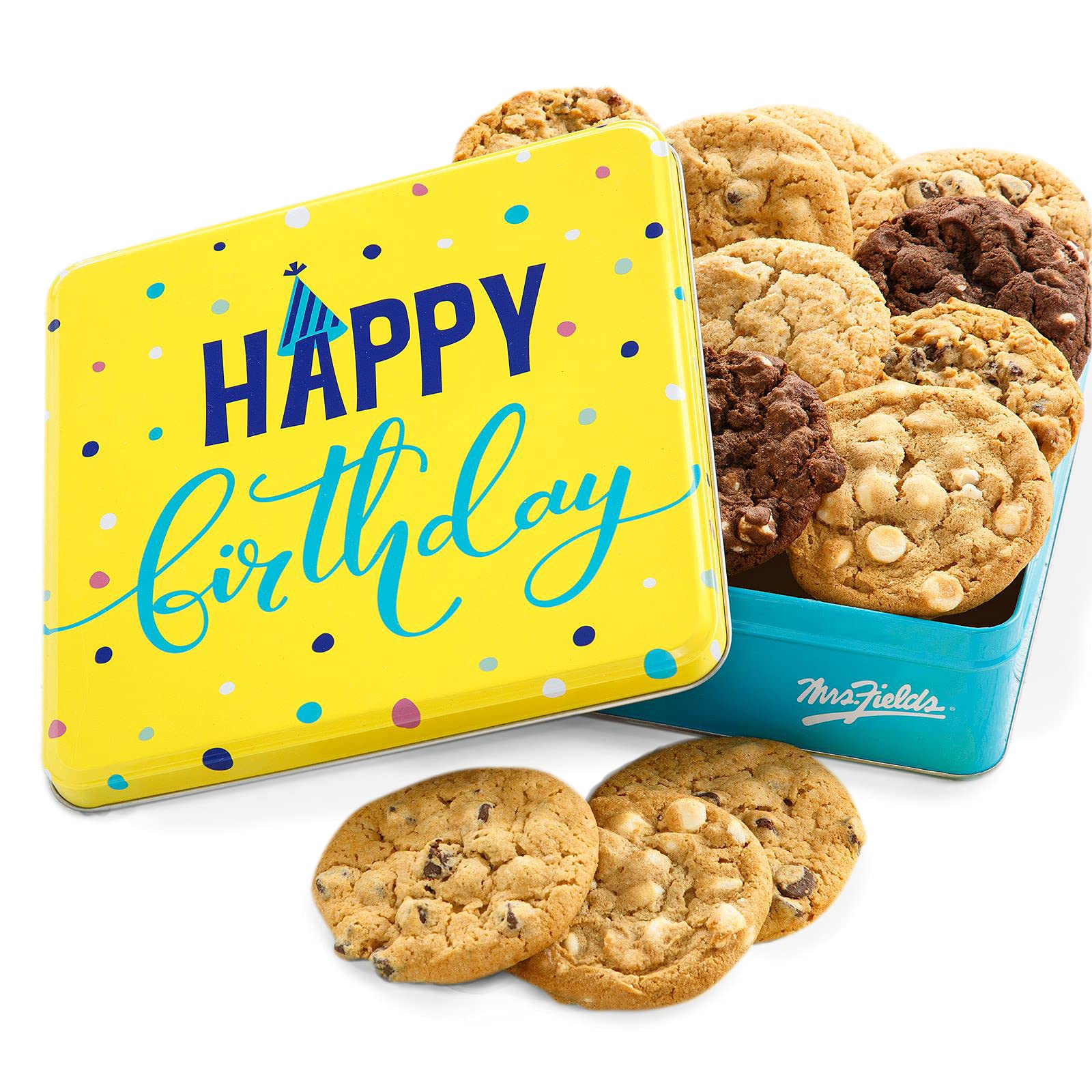 Mrs. Fields - Happy Birthday Dozen Cookie Tin, Assorted with 12 Original Cookies in our 5 Signature Cookie Flavors