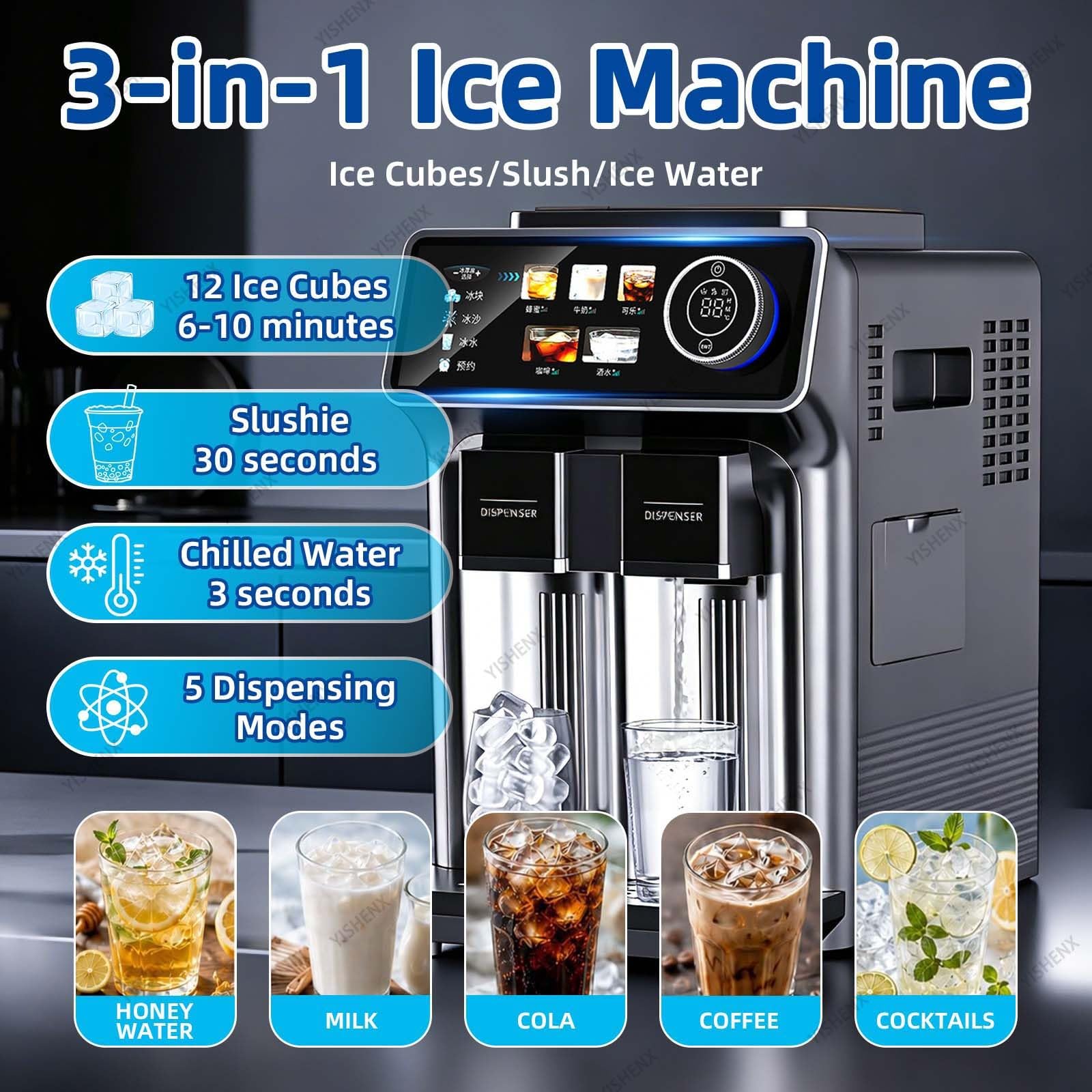 Máquina De Hielo De Gran Capacidad, Máquina De Hielo Profesional 3 En 1, 5 Modos De Dispensación, Producción Diaria De 15 Kg, Funcionamiento Silencioso De 48 Db, Fiesta(White,Knob)