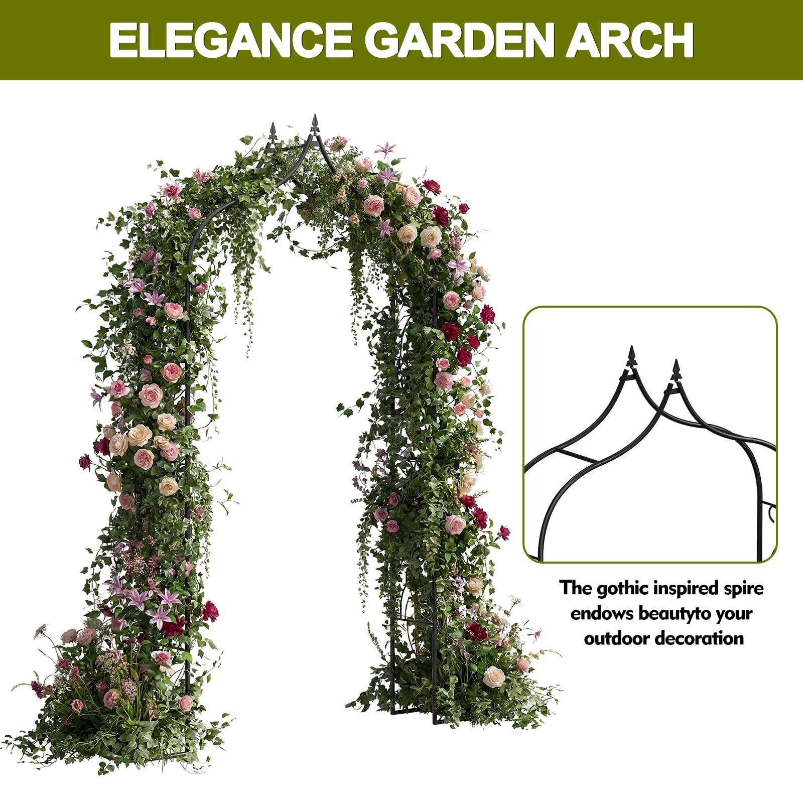 Gartenbogen aus Metall, Wetterfest, Stahlrahmen-Gartenbogen für Kletterpflanzen, Rosen, Gemüse, Rankgittertor mit Erdspießen für Hochzeiten und Außendekorationen