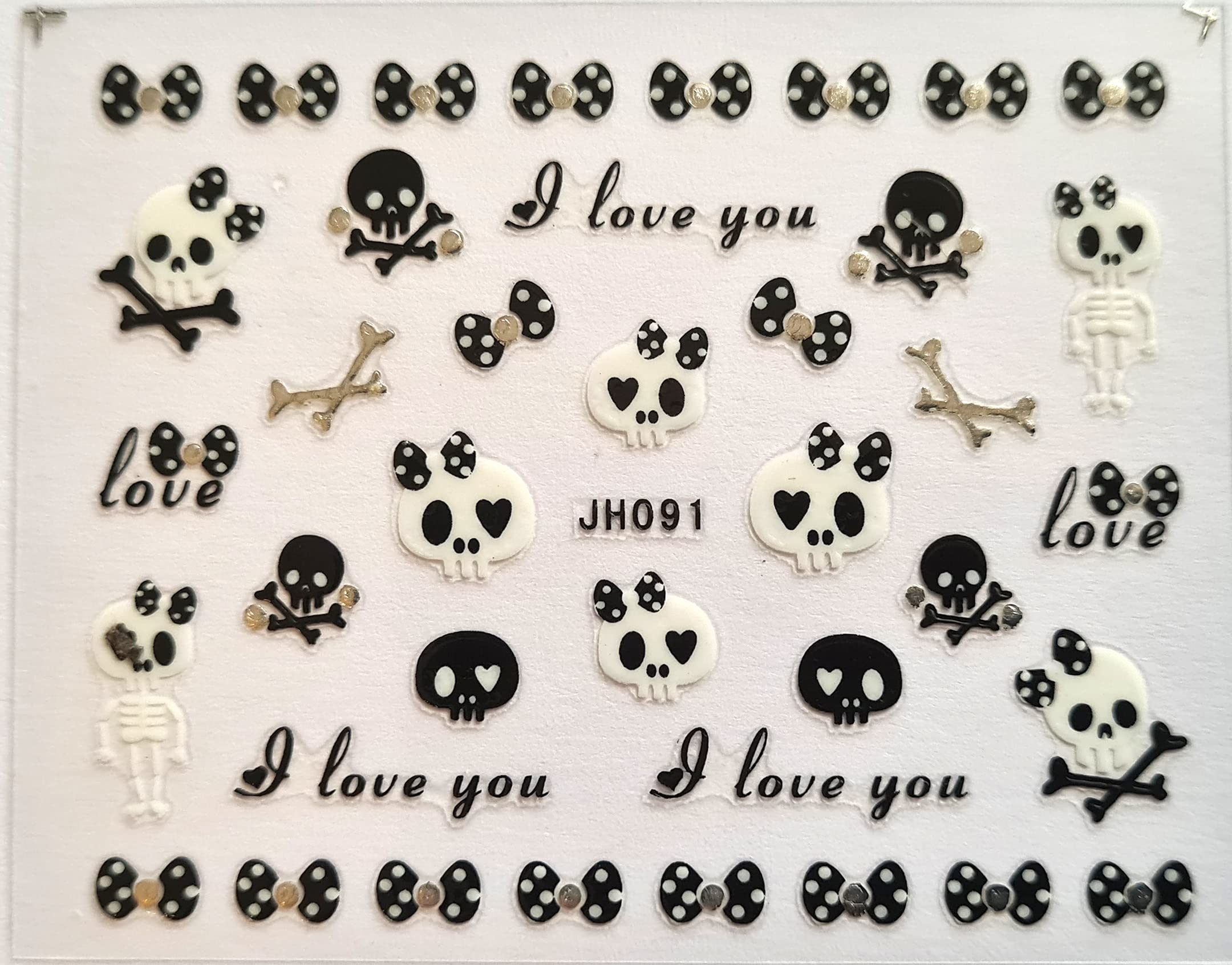 Nail Art Halloween 3D Silver Gems Stickers (JH091 Skulls Bows)