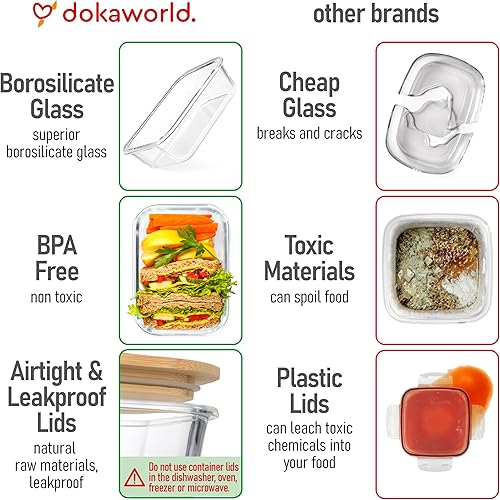 Vista 7 de Juego de 4 recipientes de vidrio apilables que ahorran espacio con tapas herméticas de bambú, para almuerzo, comidas y preparación de alimentos, 4