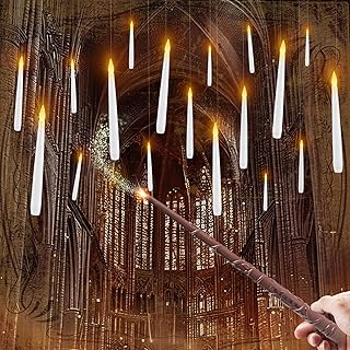 Raycare 20 Pcs Floating Candles with Wand, Hanging Candle with Timer, Magic Deco Candles Flickering Warm Light, Flameless Taper Candle with Remote, LED Candlesticks for Birthday Halloween Party Decor