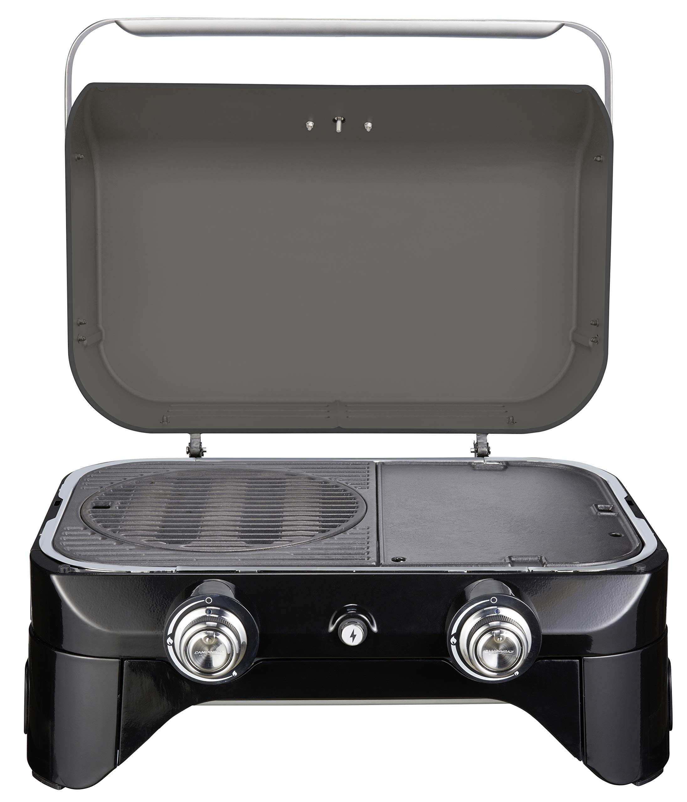 Campingaz Attitude 2100 LX, Griglia a Gas, da Tavolo Portatile, 2 Bruciatori in Acciaio, Potenza di 5 kW, per Campeggio con Coperchio, Termometro, Plancha in Ghisa, Grigio/Nero