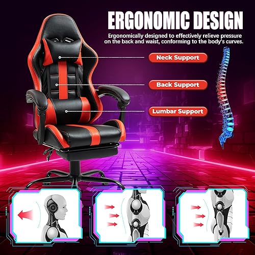 Miniatura 4 de Silla de masaje para juegos con reposapiés, silla ergonómica de policarbonato con respaldo alto con reposacabezas y lumbar, silla giratoria