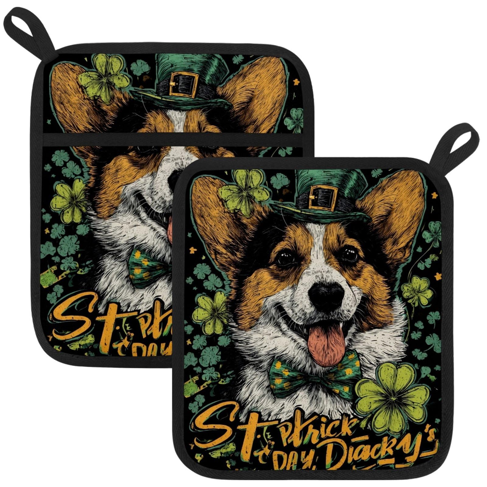 VAPOKF St. Patrick's Day Corgis Heat Resistant Pot Holders, Thick Pot Holders Pad with Hanging Loop for Kitchen, Oven Cloth Pads for Kitchen Baking Microwave Oven