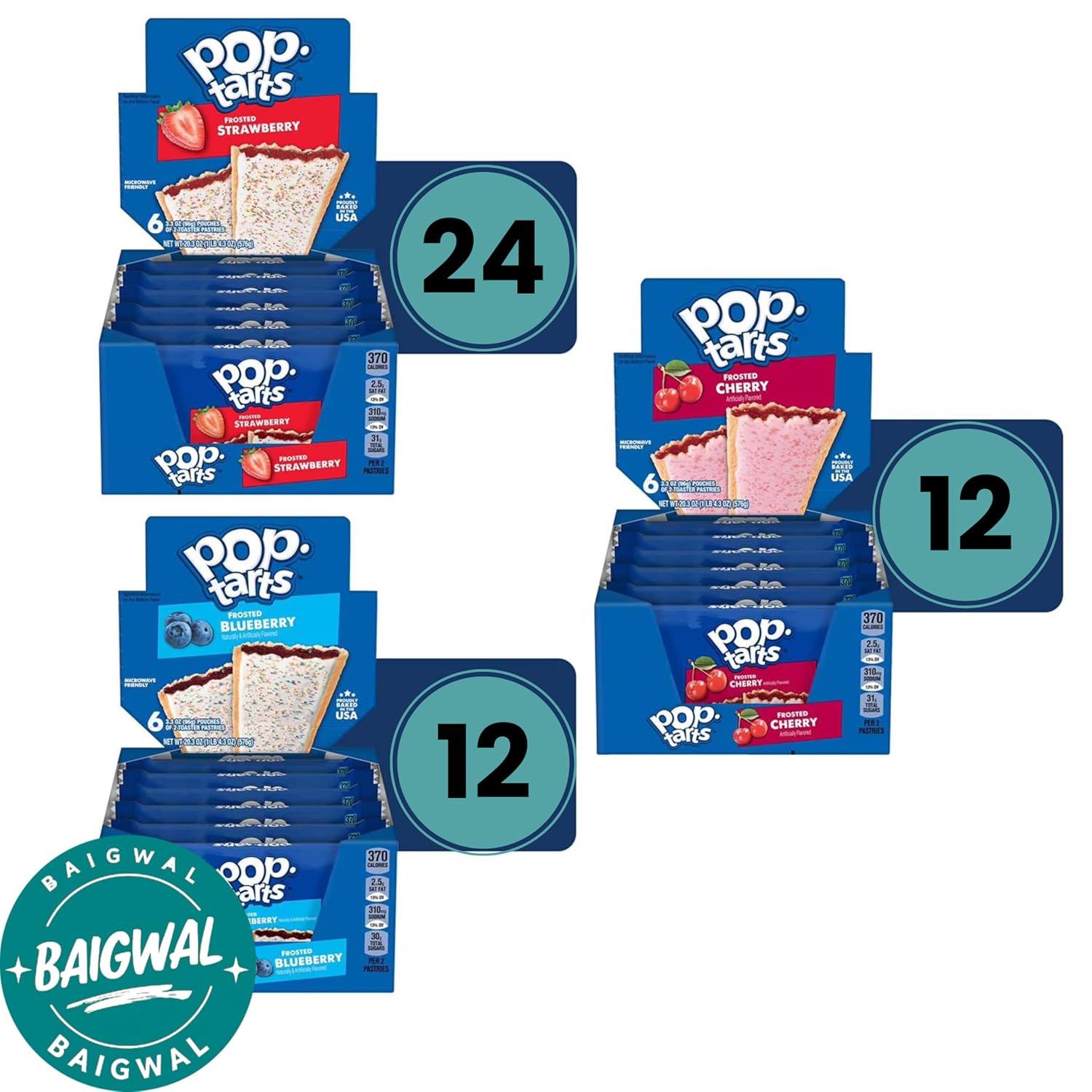 Pops-Tarts Frosted Toaster Pastries Variety Pack, Strawberry, Cherry, Blueberry Flavors, 48 Count, 5.1 lb