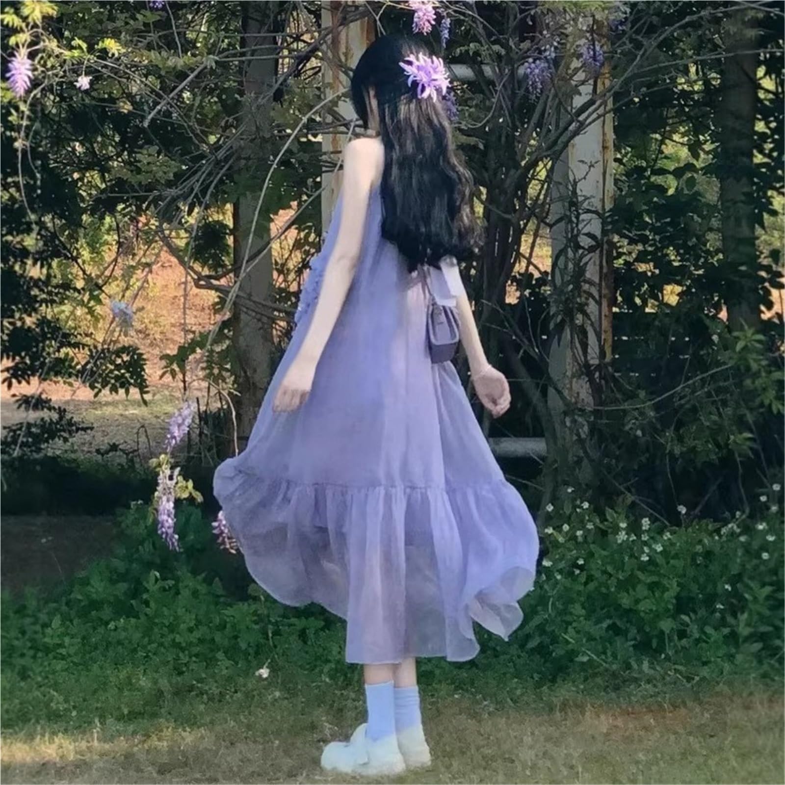 Vestido Morado Estilo francés con Cuello Halter for Mujer, Vestido Largo Adelgazante de Verano Tirantes for Vacaciones en la Playa, Dulce y Fresco