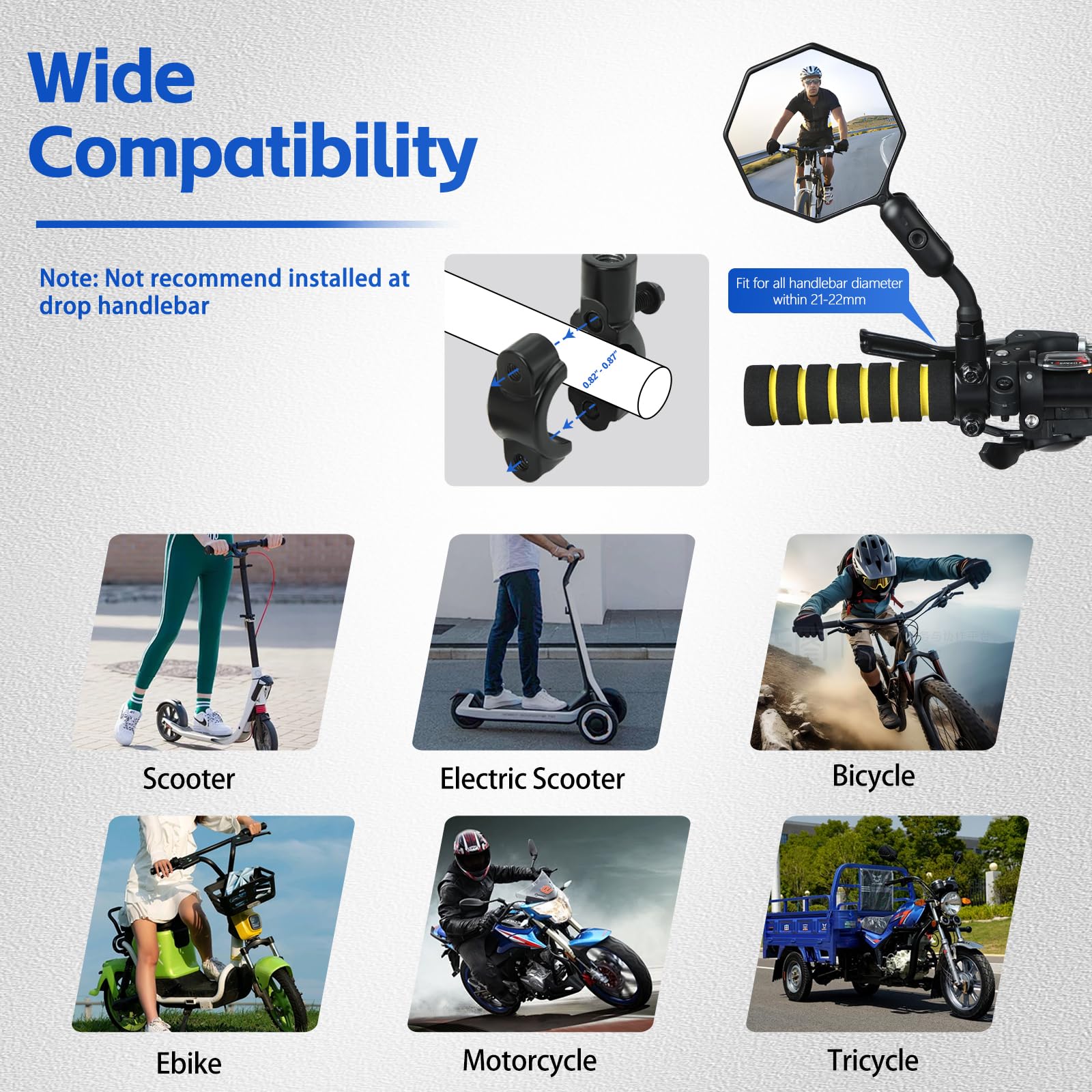 Bike Mirror, 1 pcs Bike Mirror Handlebar Mount,HD,360° Adjusted Bike Rear View Mirror, Anti-impact/explosion/glare, Fits for Mountain Bikes,E-bike, Bicycle,Scooter,Left/Right Universal