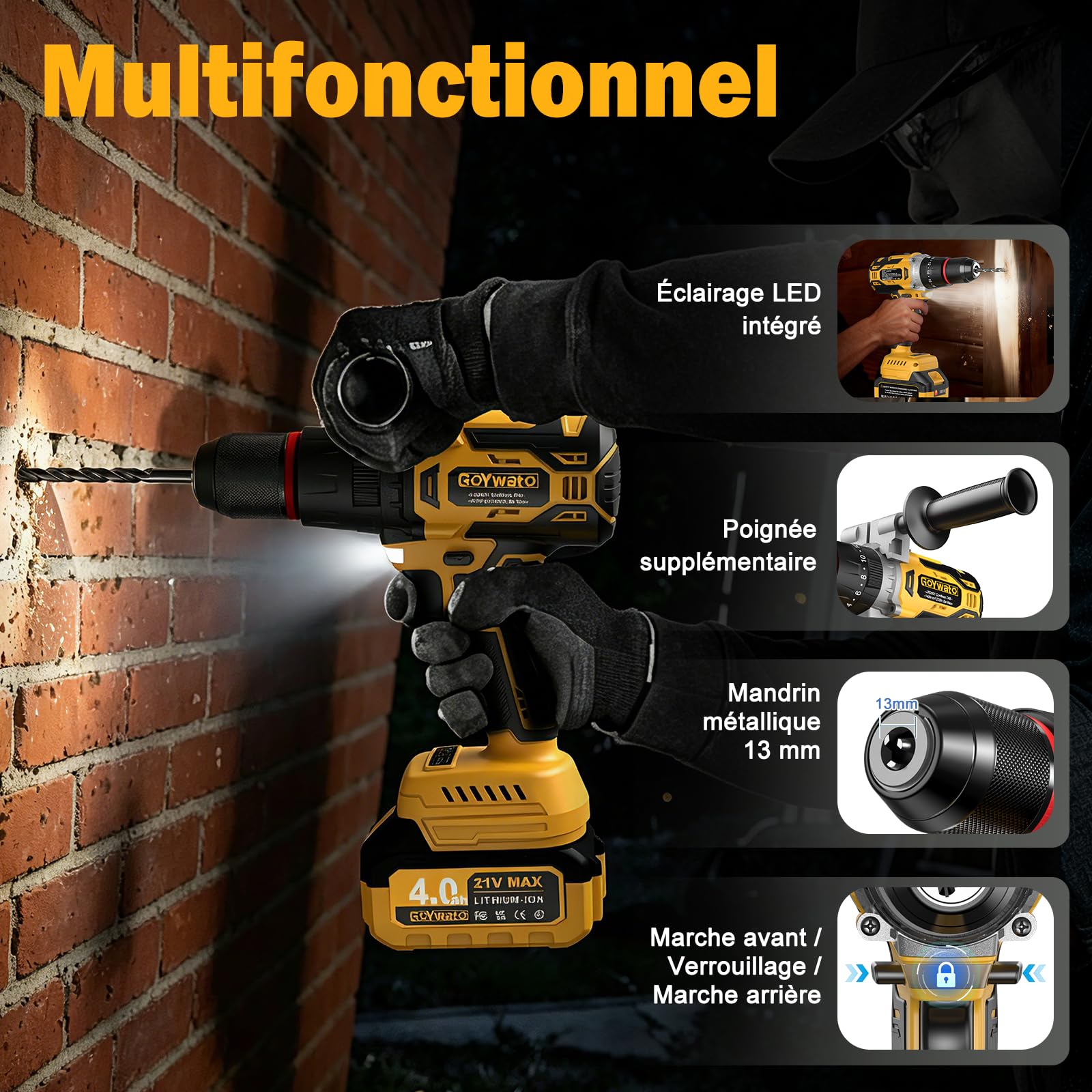 Perceuse Visseuse Sans Fil 21V - 140Nm 2300rpm Max Brushless Visseuse Devisseuse Sans Fil Perceuse à Percussion avec 2 Batteries 4,0Ah, 20+3 Réglages de Couple, Mandrin 13mm, 2 Vitesses pour Bricolage