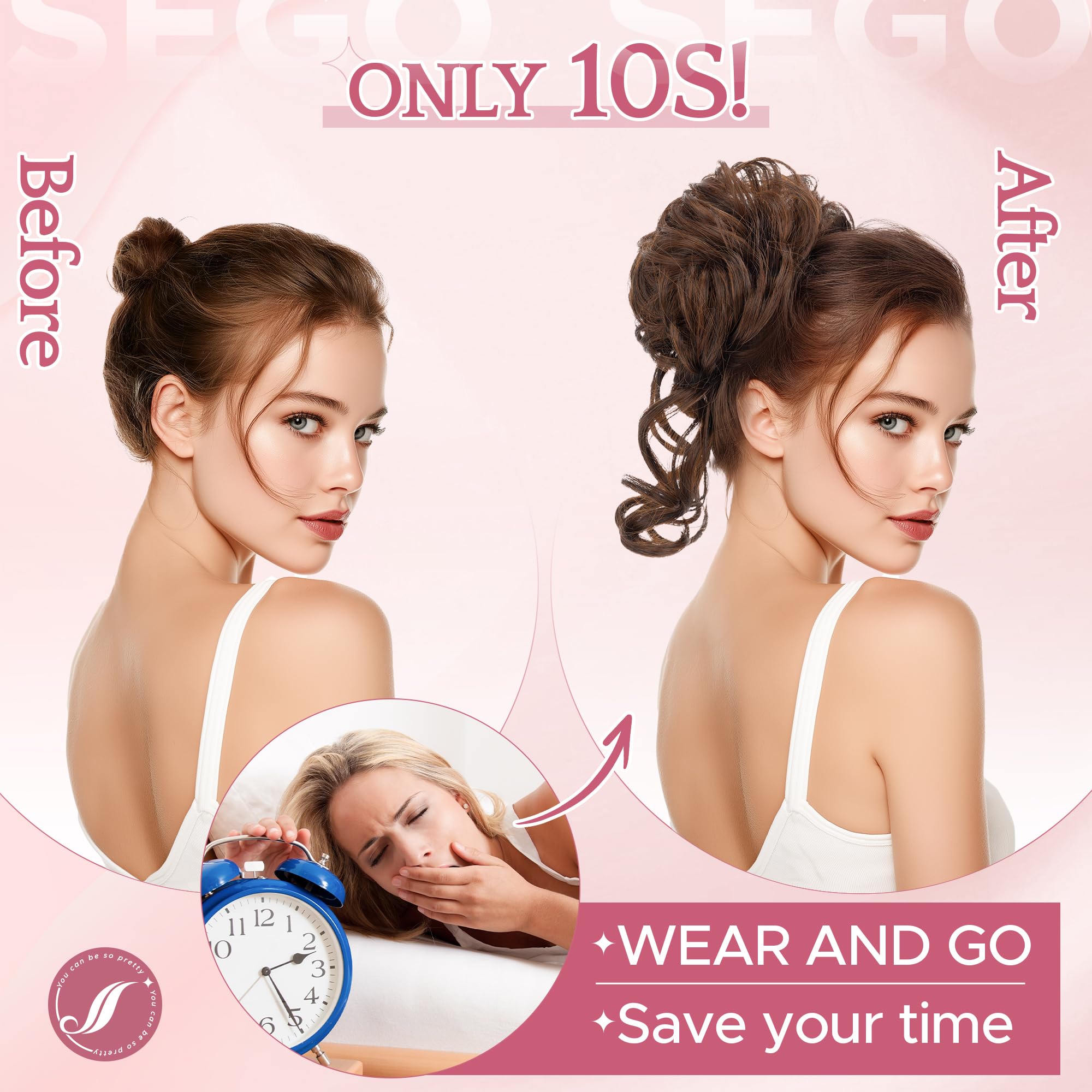 SEGO 2 Pieces Messy Bun Fluffy Tousled Updo Scrunchies 75g Synthetic Hair Bun Hair Piece Set for Women Easy Bun Hairpiece Light Brown - Image 2
