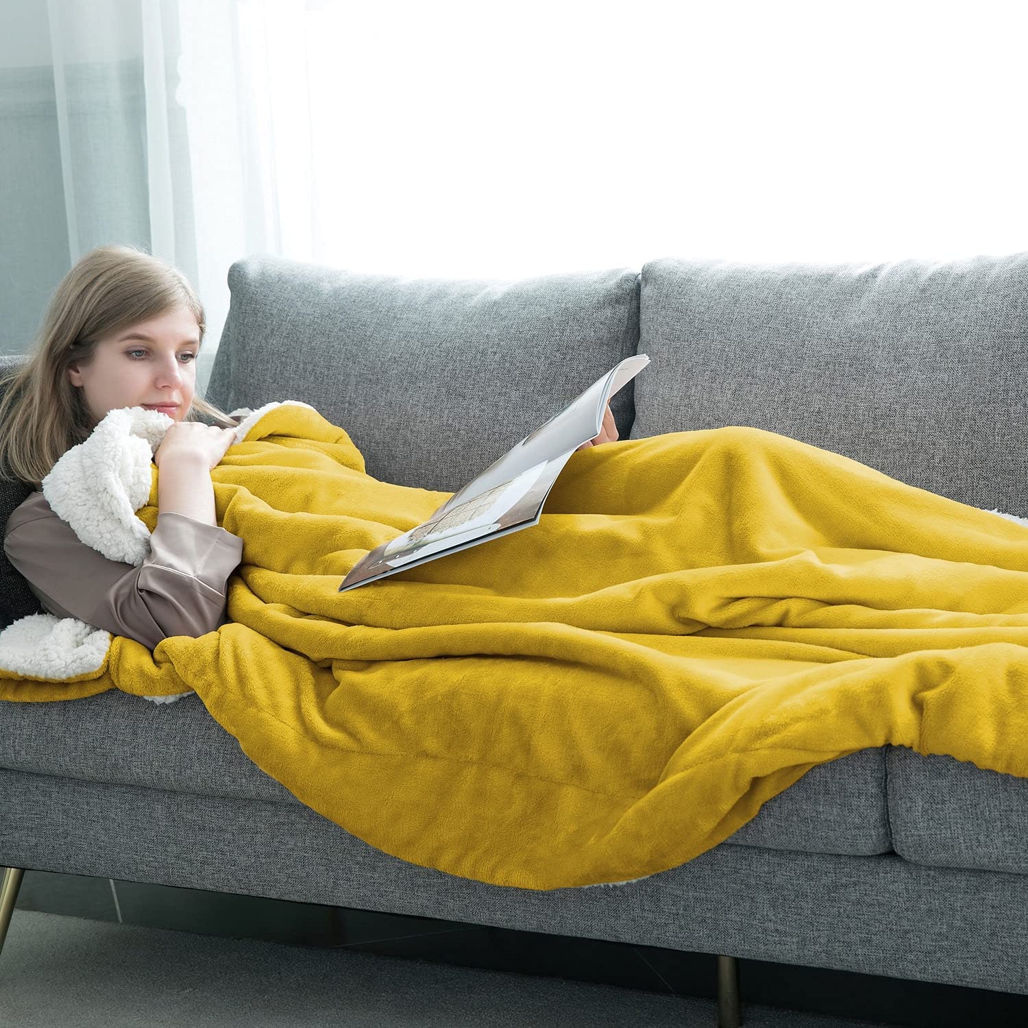 Imperial Rooms Sherpa Fleece Blanket Bed Throws Blankets For Sofas Soft Fluffy Thick Blanket Reversible Microfiber Throw (Ochre - Image 2