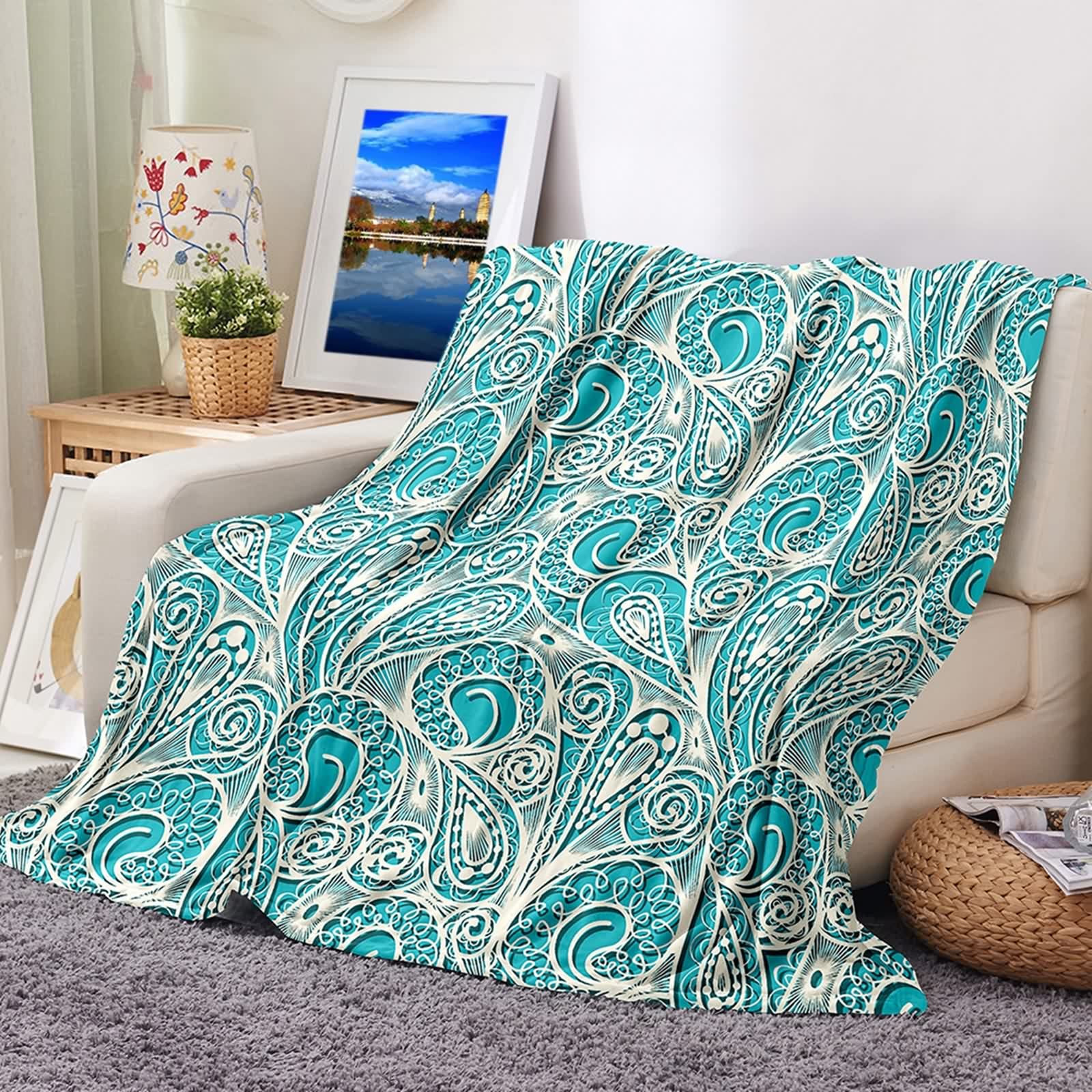 Couverture polaire flannel cyan pour réchauffer vos soirées canapé